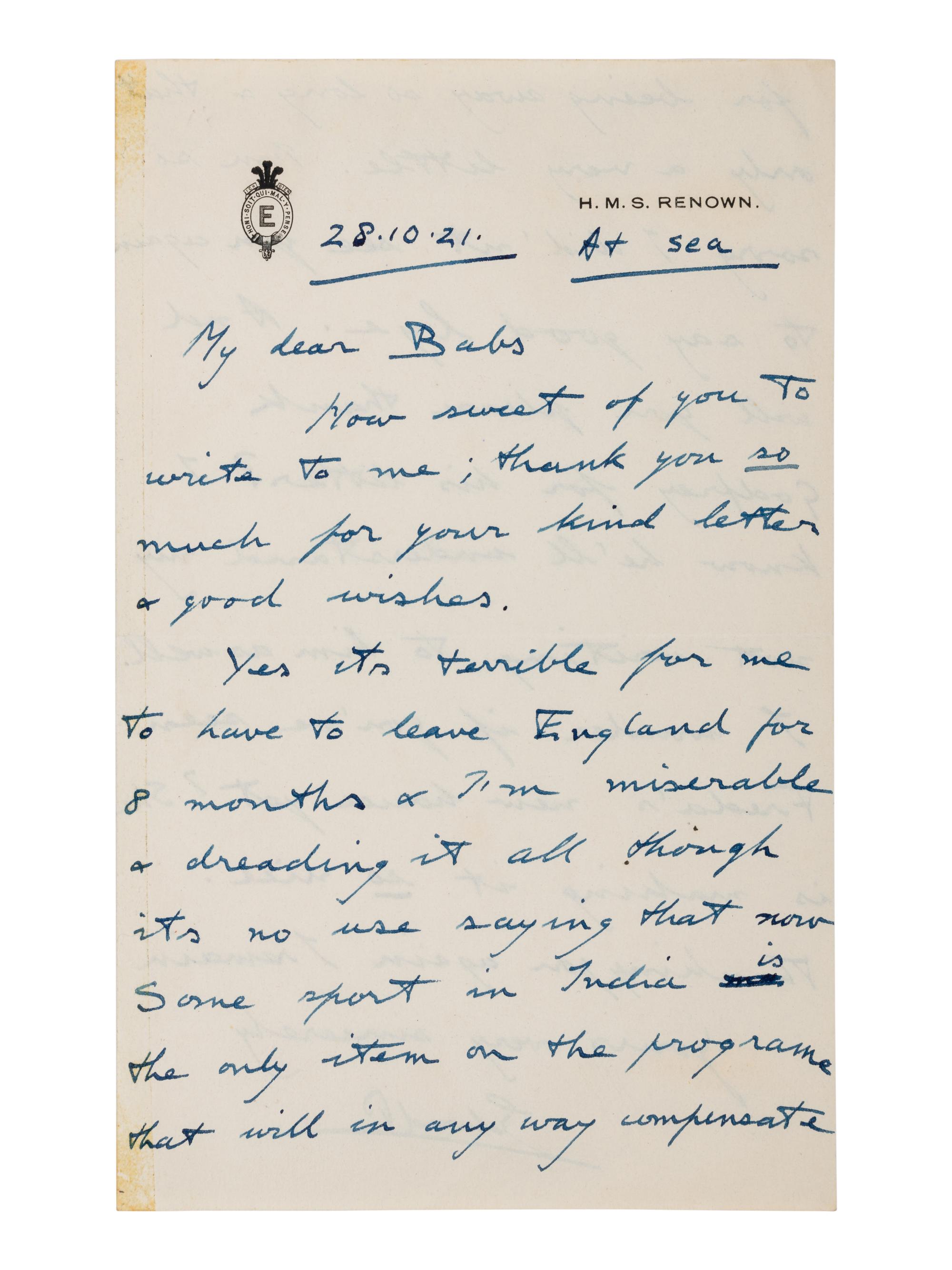 [ENGLISH & CONTINENTAL MANUSCRIPTS]. EDWARD VIII, Duke of Windsor (1894-1972). Autograph letter letter signed ("Edward P") to "Babs." HMS Renown, 28 October 1921.