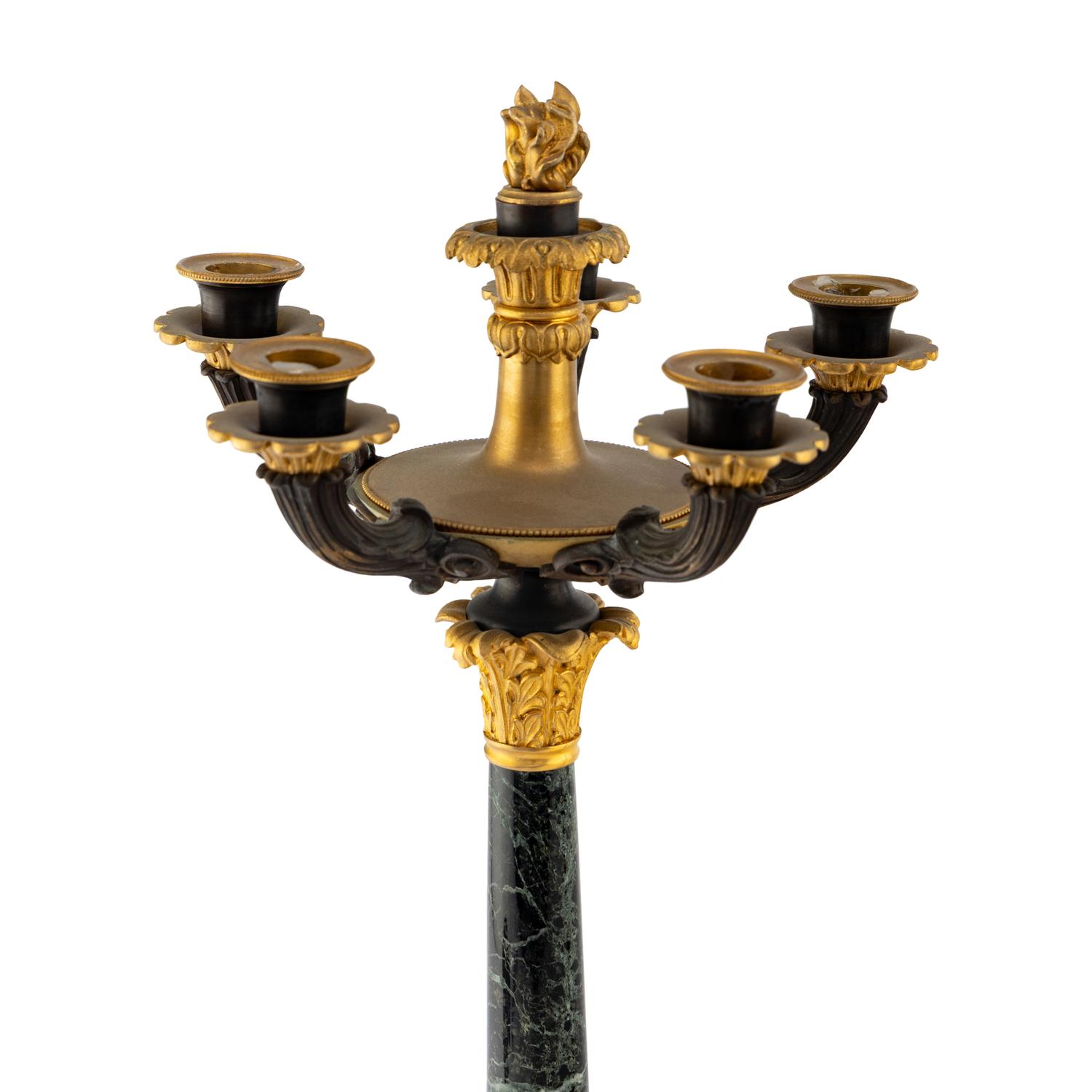A Pair of Charles X Gilt and Patinated Bronze Mounted Marble Seven-Light Candelabra