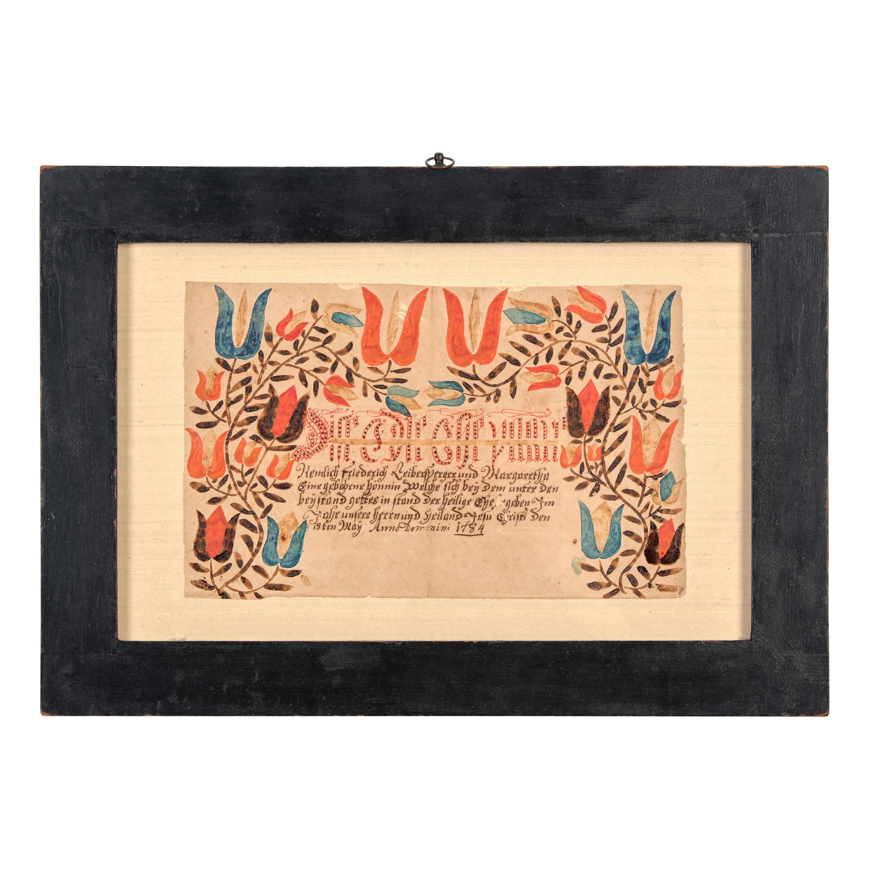 A Fraktur Marriage Record for Frederich Leibersperger and Hannah Margaret Hehns, Weisenberg Township, Northampton County, Pennsylvania, Dated 1784