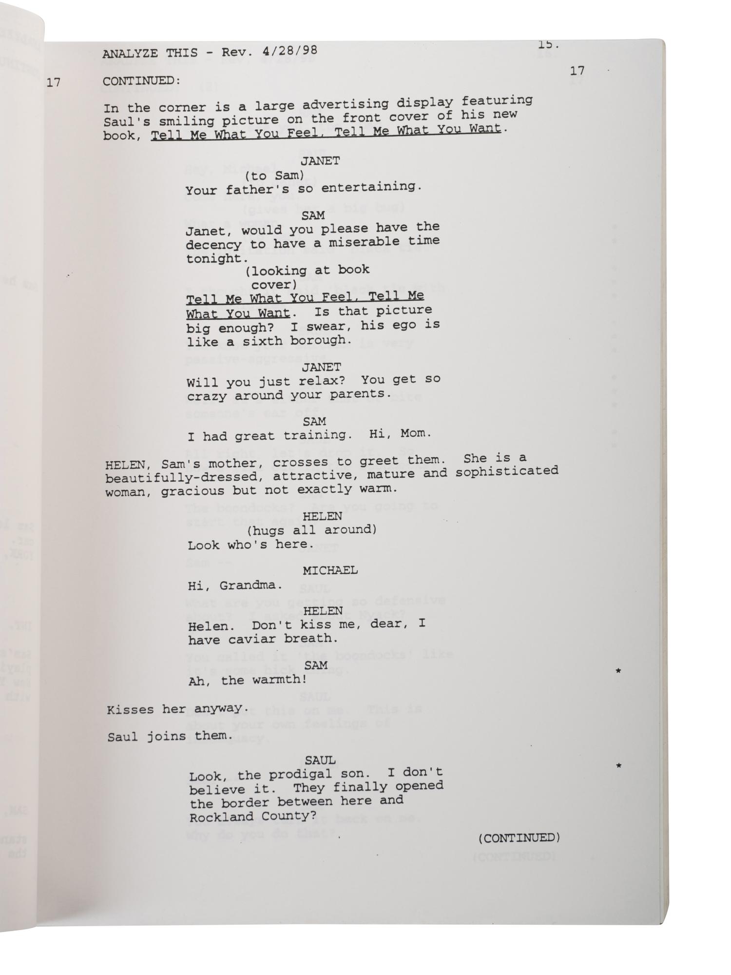 (Film Screenplay) LONERGAN, Kenneth and Peter Tolan. Analyze This. Village RadioShow Productions, TriBeCa Productions, 1999.
