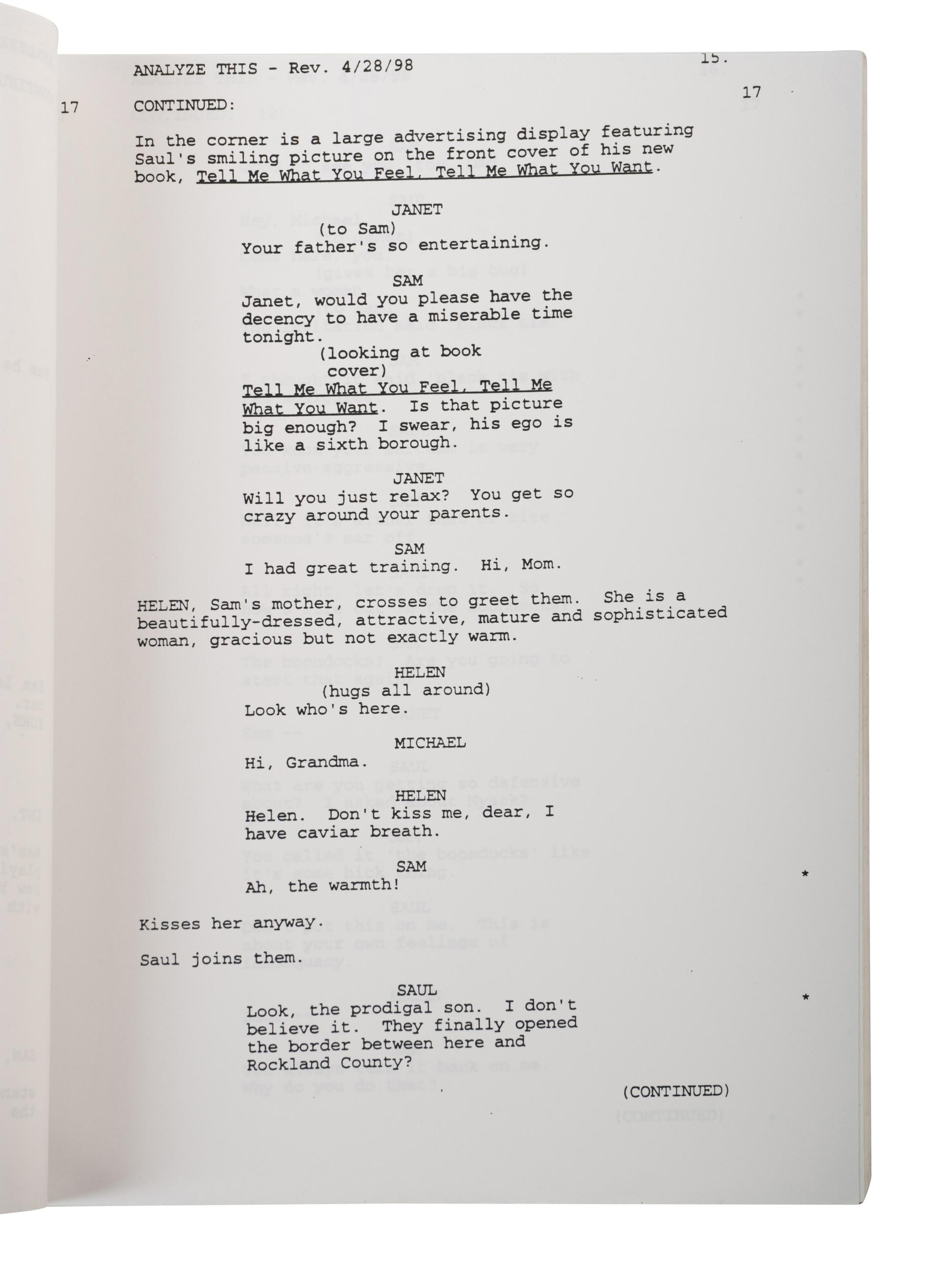 (Film Screenplay) LONERGAN, Kenneth and Peter Tolan. Analyze This. Village RadioShow Productions, TriBeCa Productions, 1999.