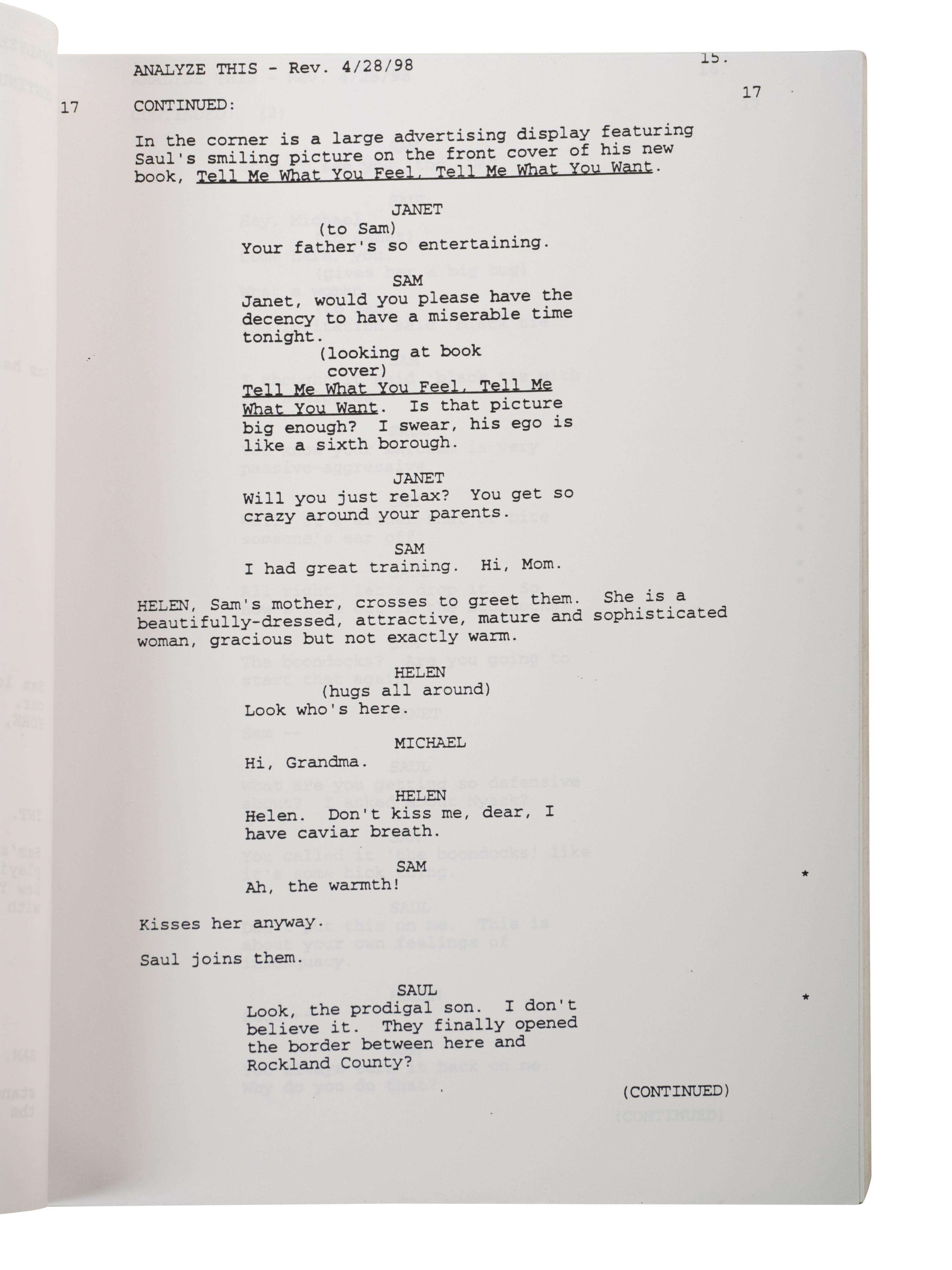 (Film Screenplay) LONERGAN, Kenneth and Peter Tolan. Analyze This. Village RadioShow Productions, TriBeCa Productions, 1999.