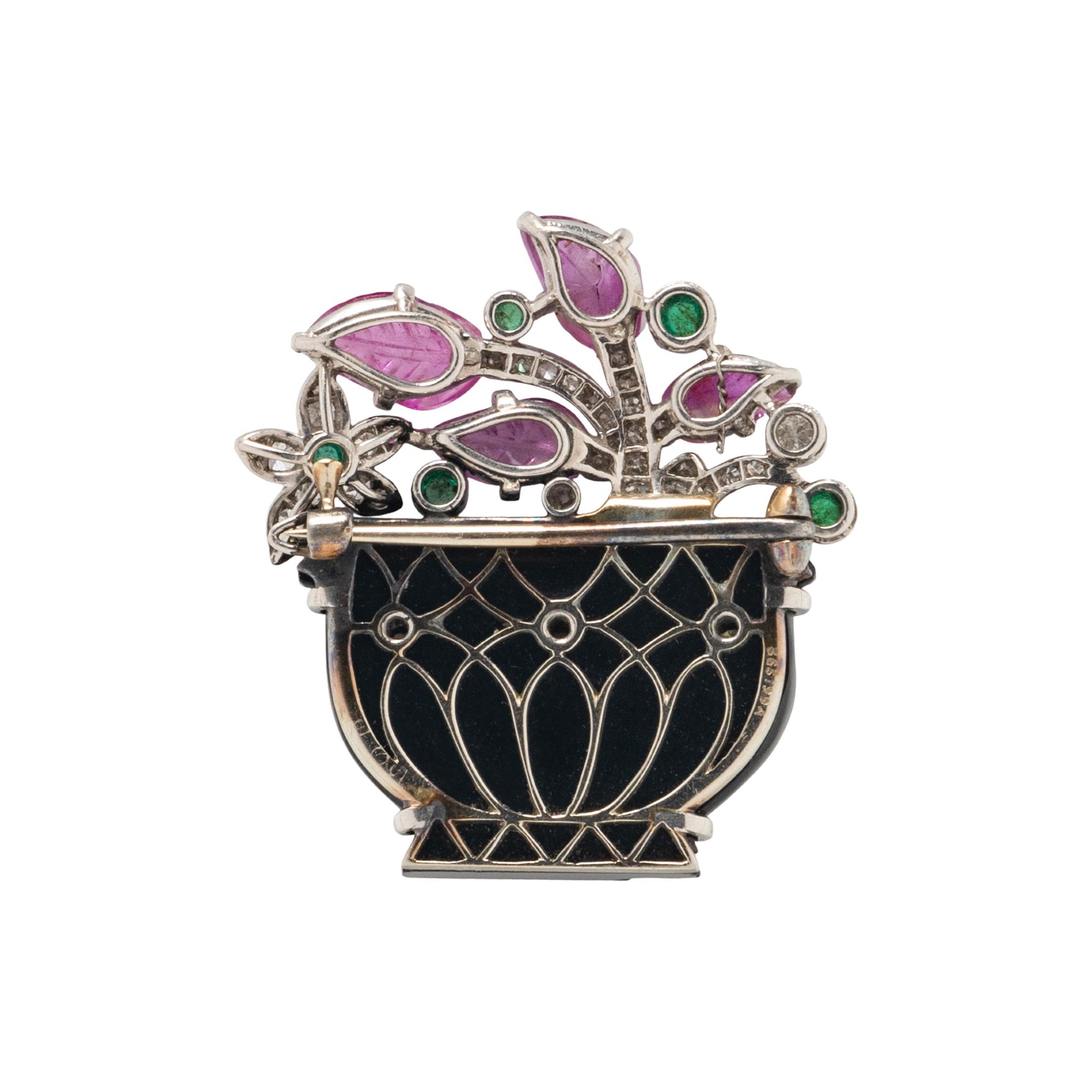 CARTIER, ART DECO, DIAMOND, RUBY, EMERALD, AND ONYX GIARDINETTO BROOCH