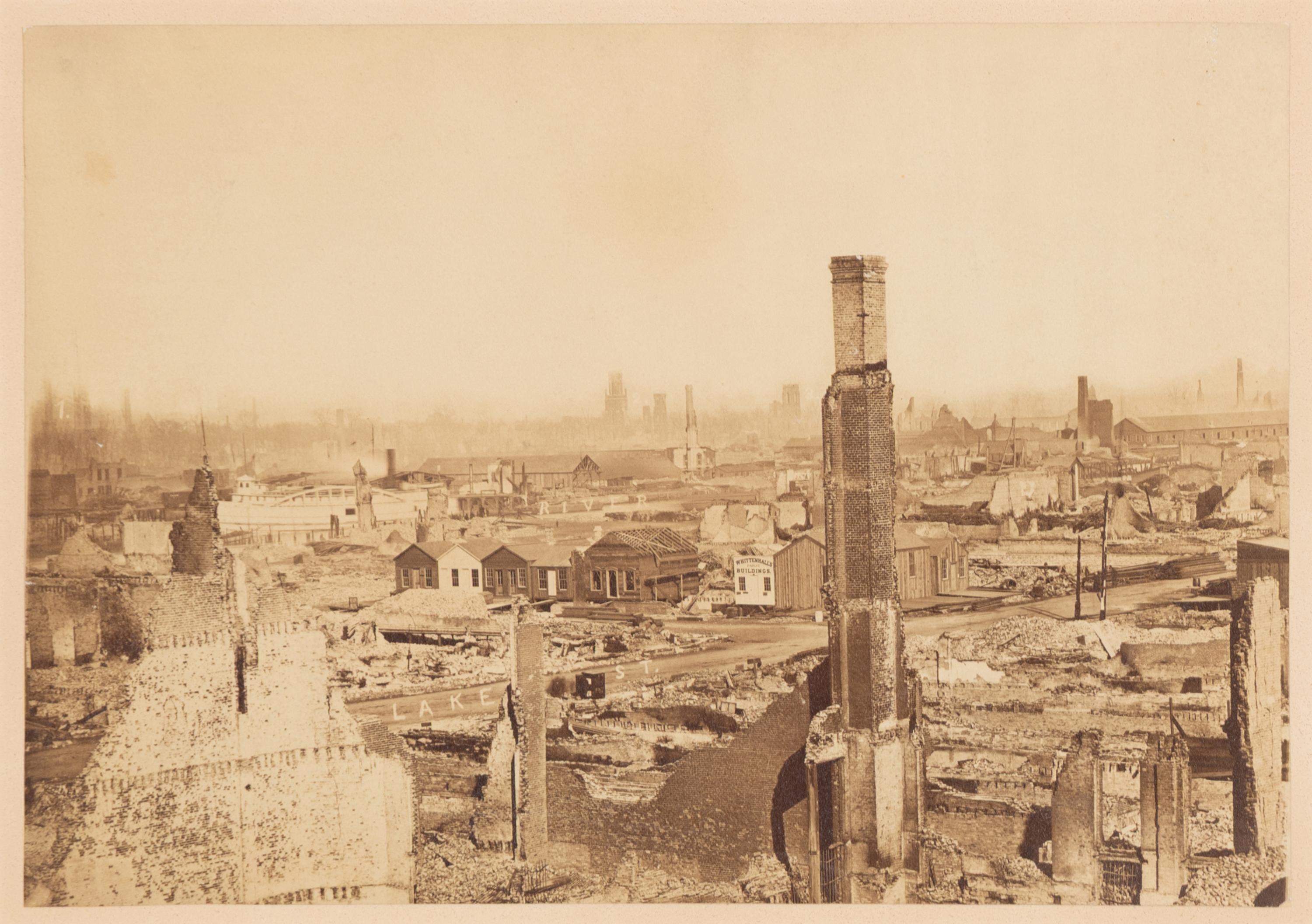 [Chicago Fire]. Smith, Joshua (1818-1891), photographer. Chicago, as seen after the great Conflagration . Washington, 1871.