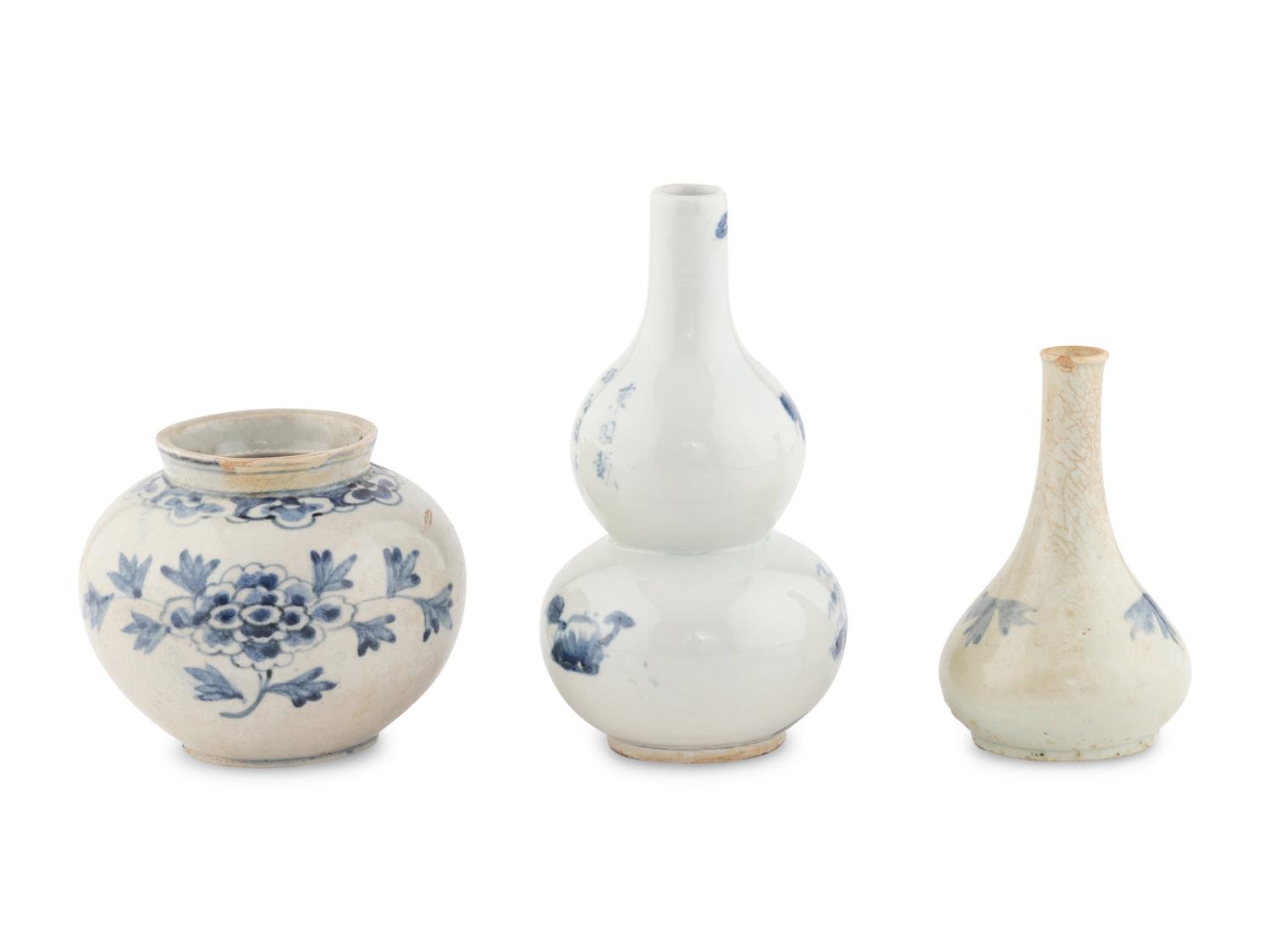 Three Chinese and Korean Blue and White Porcelain Vases
