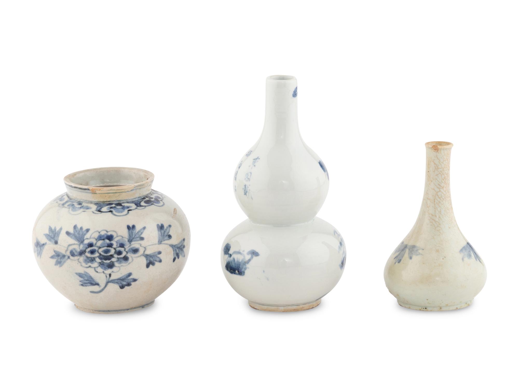 Three Chinese and Korean Blue and White Porcelain Vases