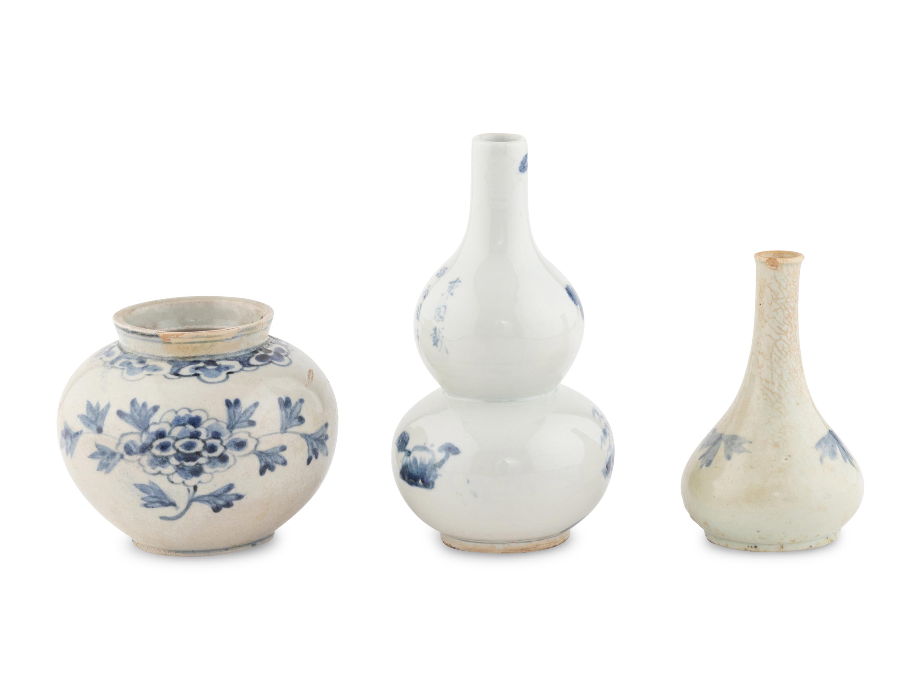 Three Chinese and Korean Blue and White Porcelain Vases