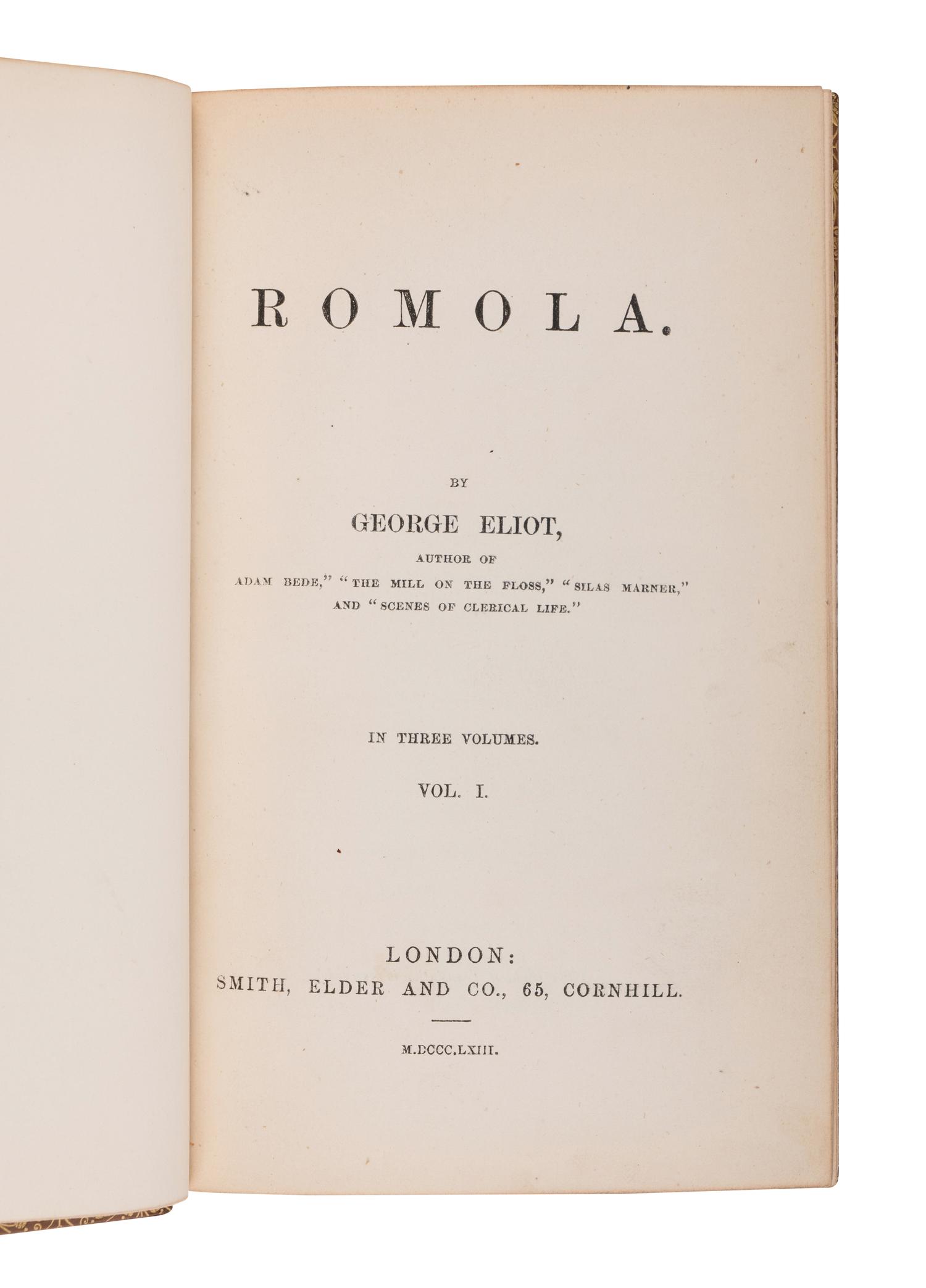 EVANS, Mary Ann ("George Eliot") (1819-1880). Romola. London: Smith, Elder and Co., 1863.