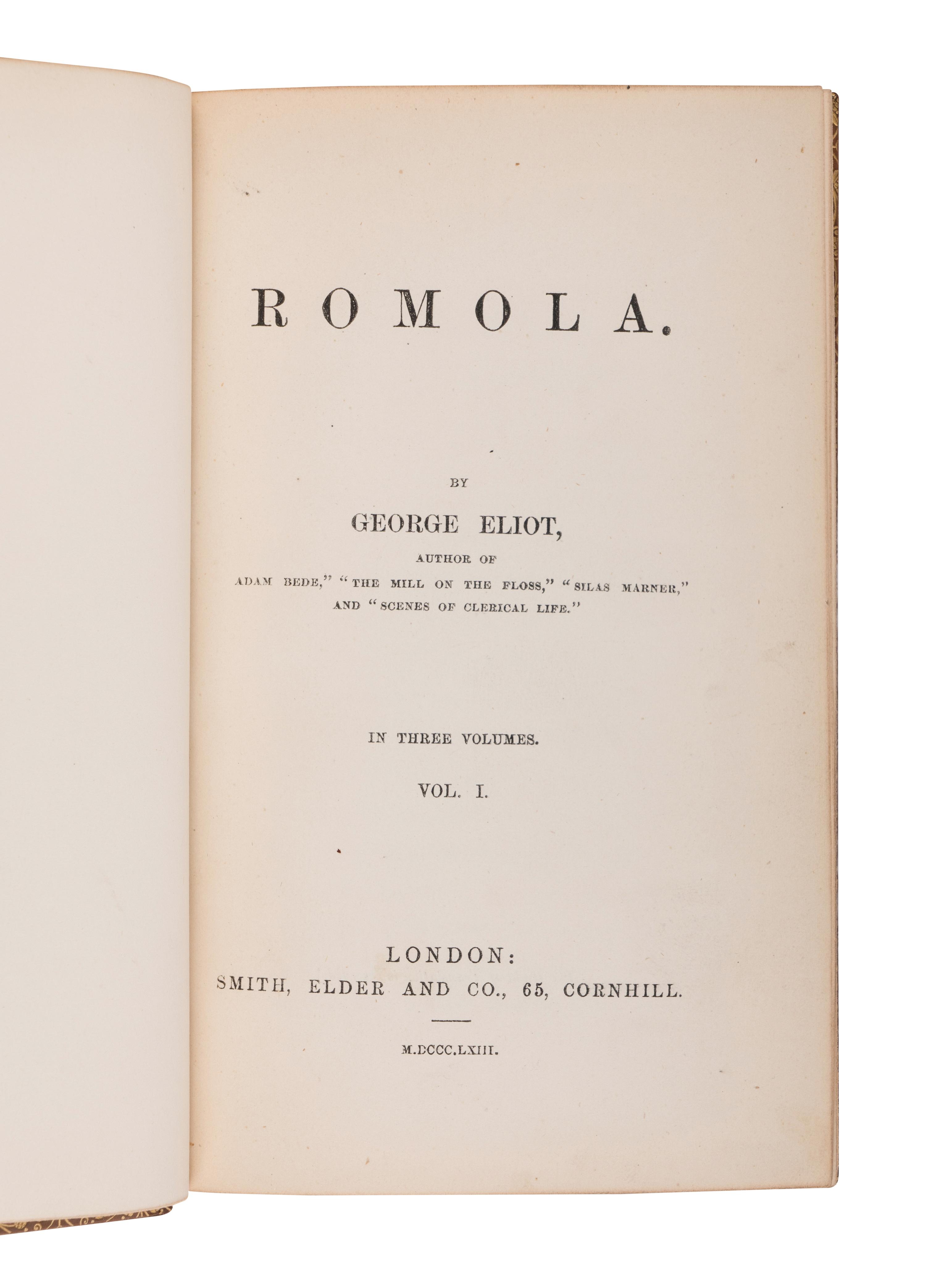 EVANS, Mary Ann ("George Eliot") (1819-1880). Romola. London: Smith, Elder and Co., 1863.