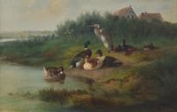 Heron Among Eight Ducks at the Edge of a Pond , 1867