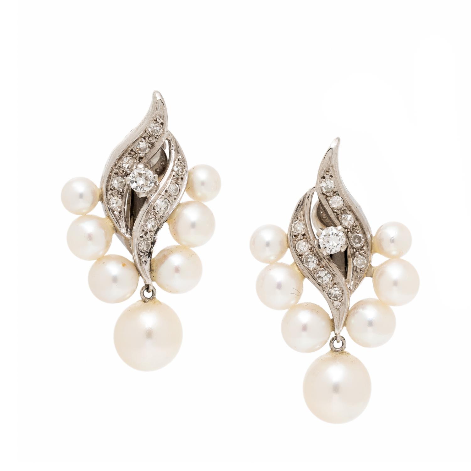 CULTURED PEARL, DIAMOND, AND WHITE GOLD EARRINGS