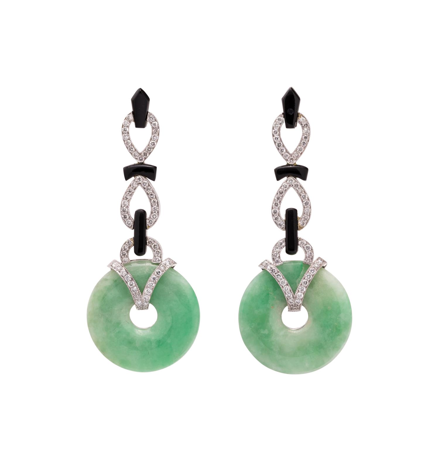DIAMOND, ONYX AND JADE EARRINGS