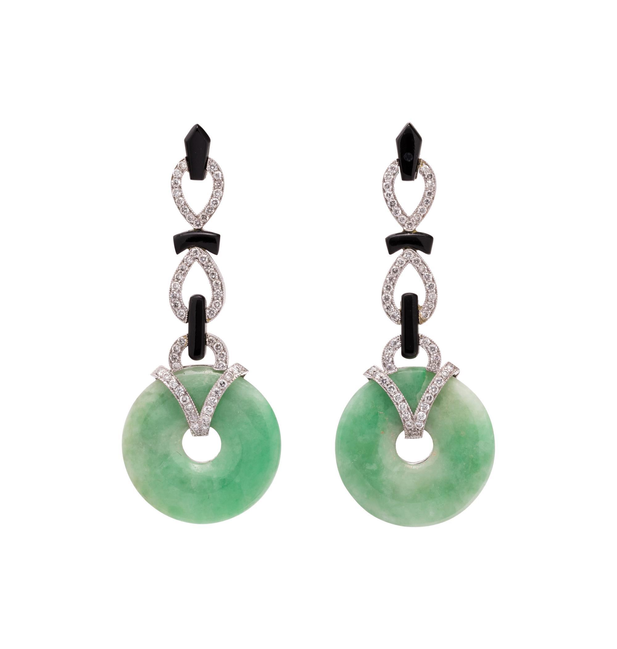DIAMOND, ONYX AND JADE EARRINGS
