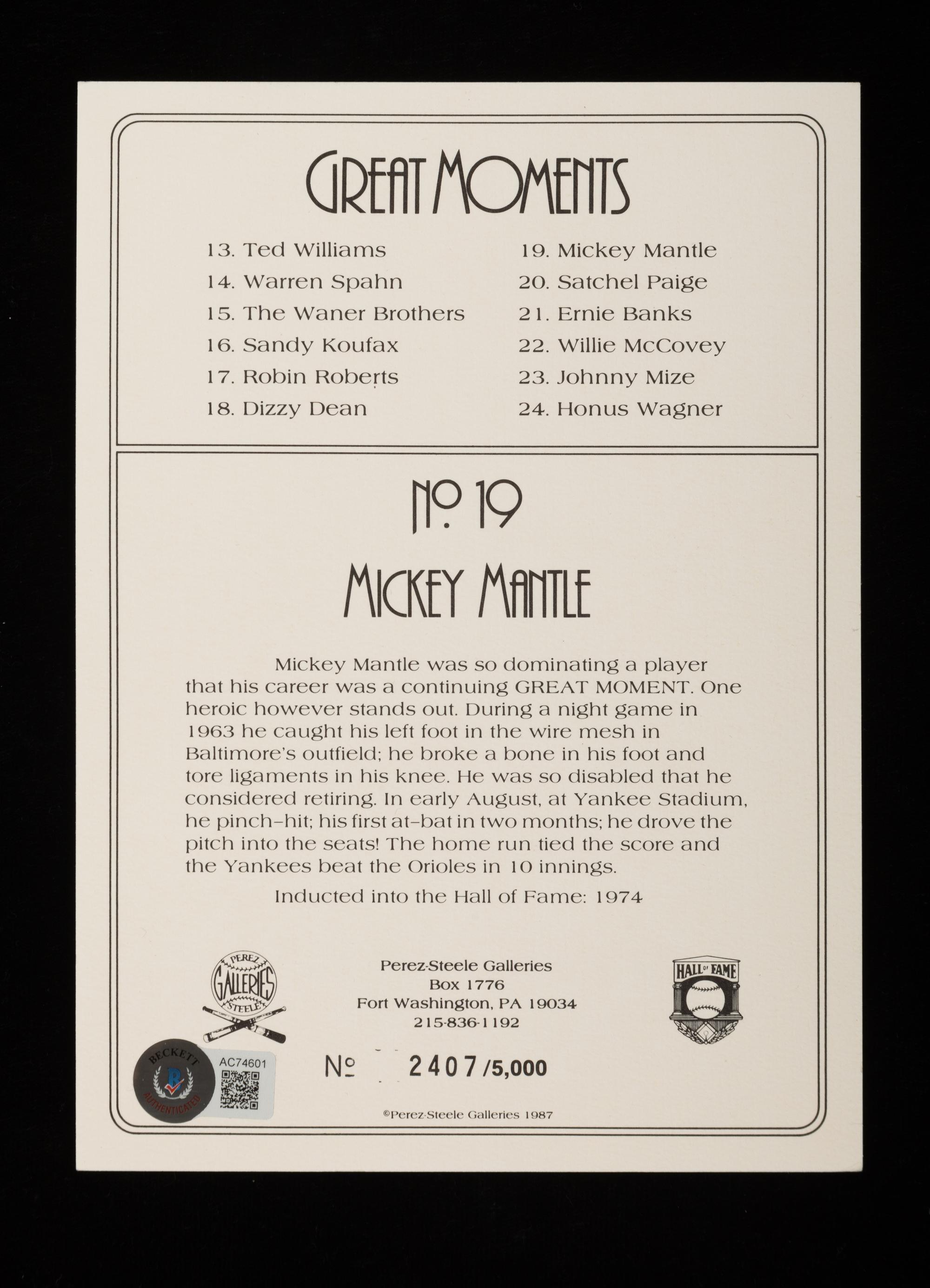 A Mickey Mantle Signed Autograph Perez-Steele Great Moments Card (Beckett Authentication Services Letter),
