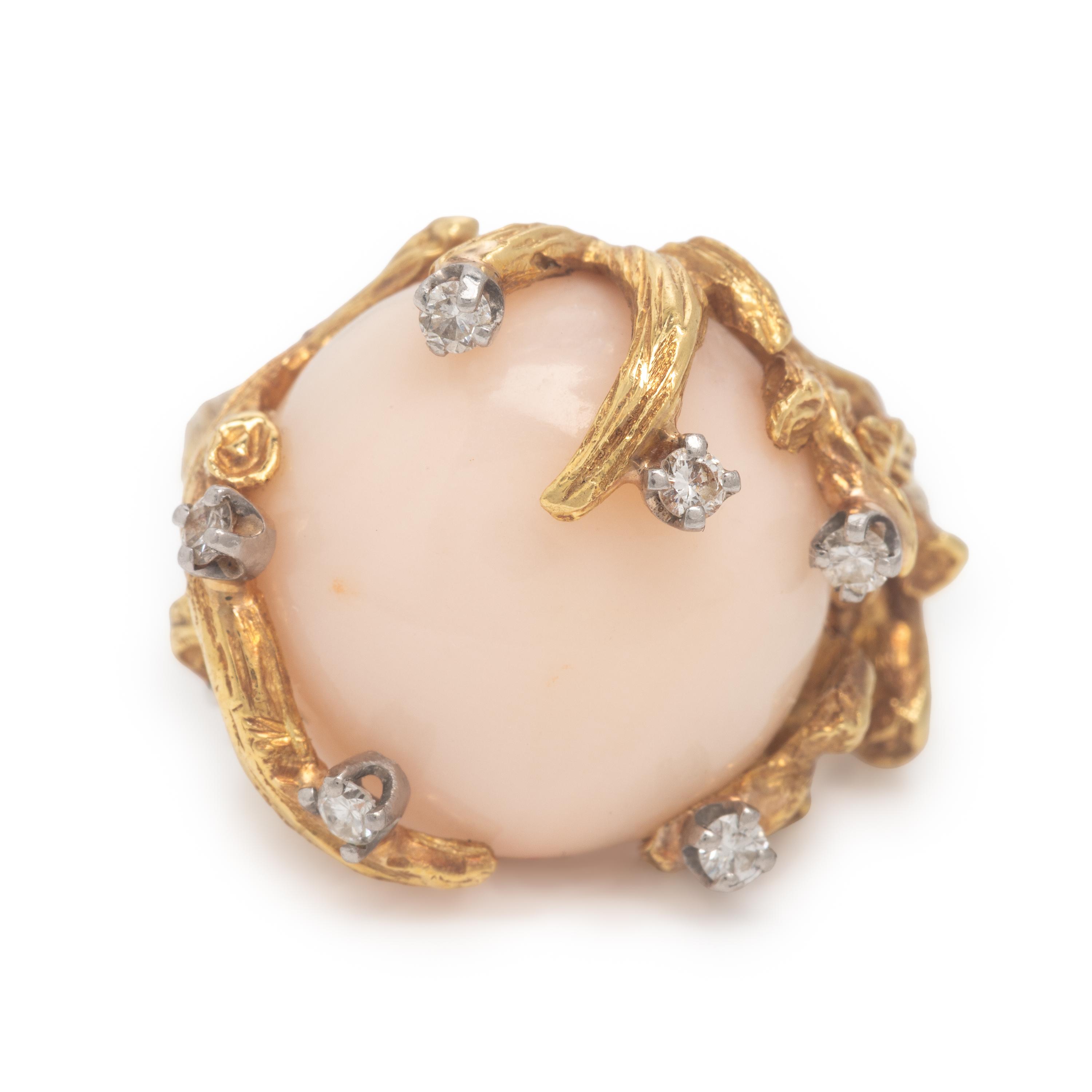Angelskin Coral, Diamond, and Yellow Gold Ring