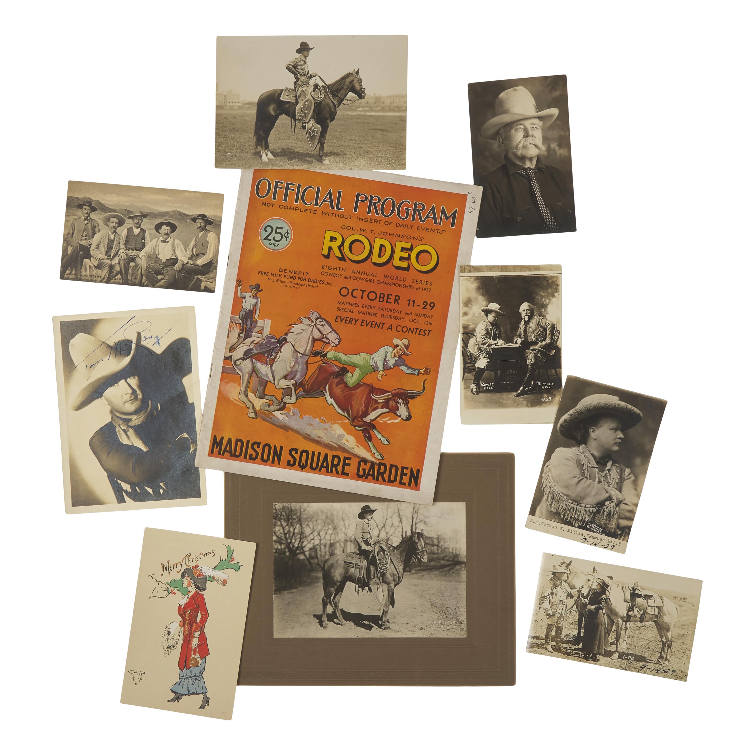 [Western Americana] Group of 50-plus photos, RPPCs, and ephemera, including Wild West performers and cowboys