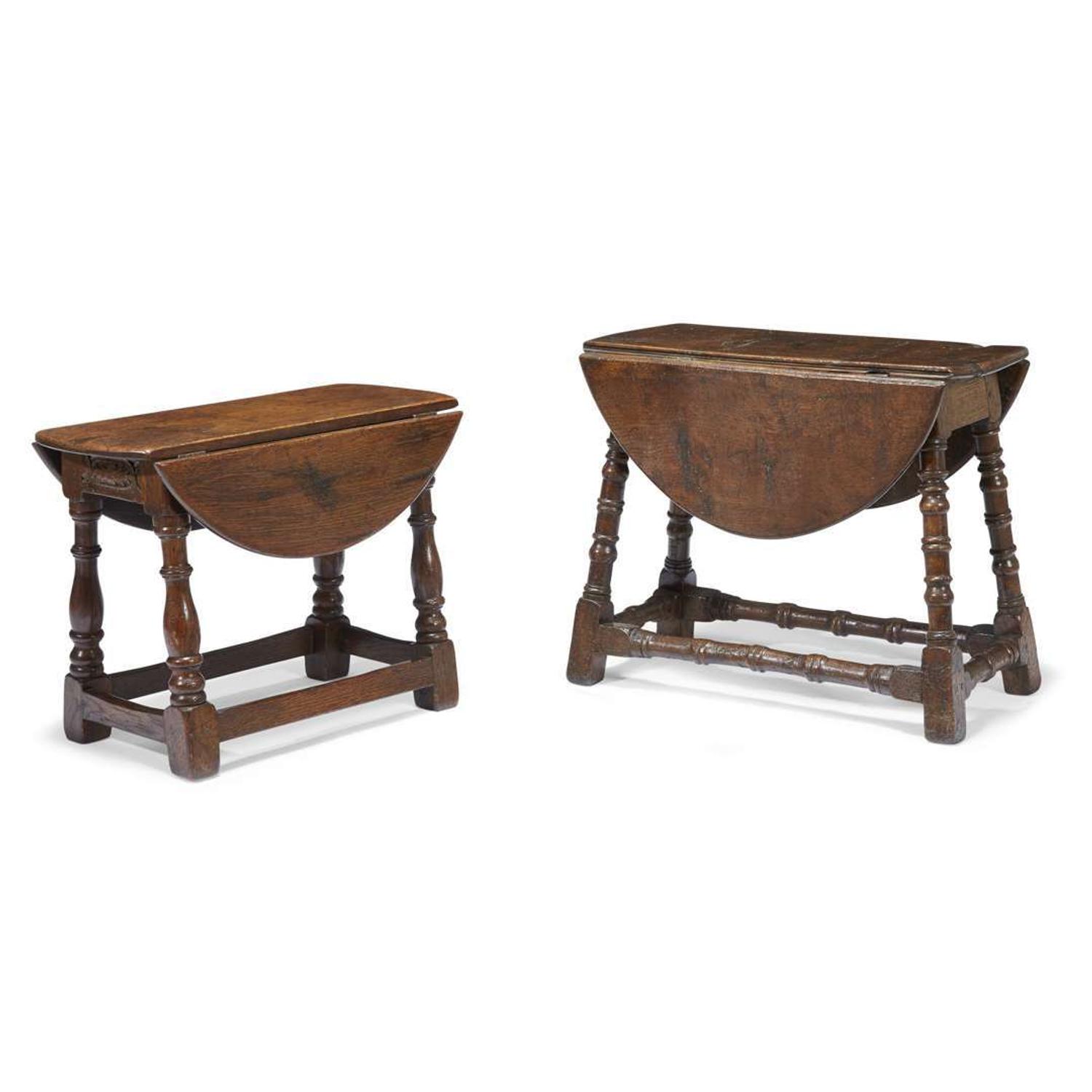 Two William & Mary carved oak joint stools with drop leaves English, late 17th/18th century