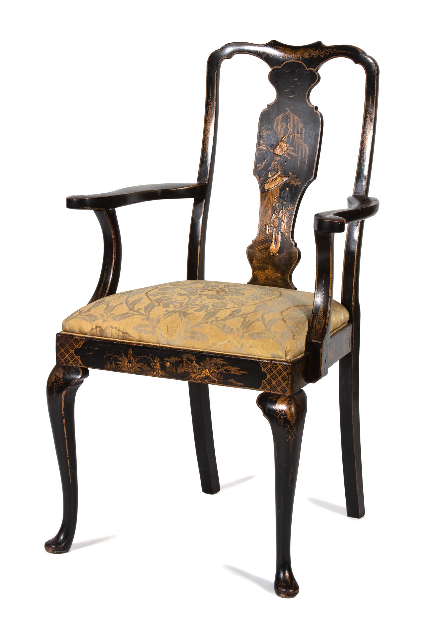 A Queen Anne Style Black and Gilt Lacquer Chinoiserie Decorated Open Armchair — 20TH CENTURY