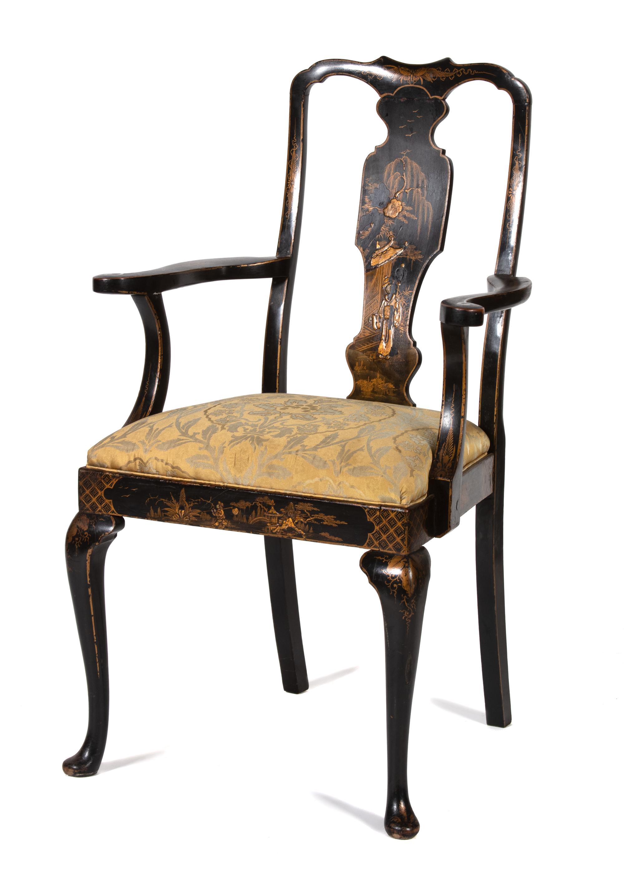 A Queen Anne Style Black and Gilt Lacquer Chinoiserie Decorated Open Armchair — 20TH CENTURY