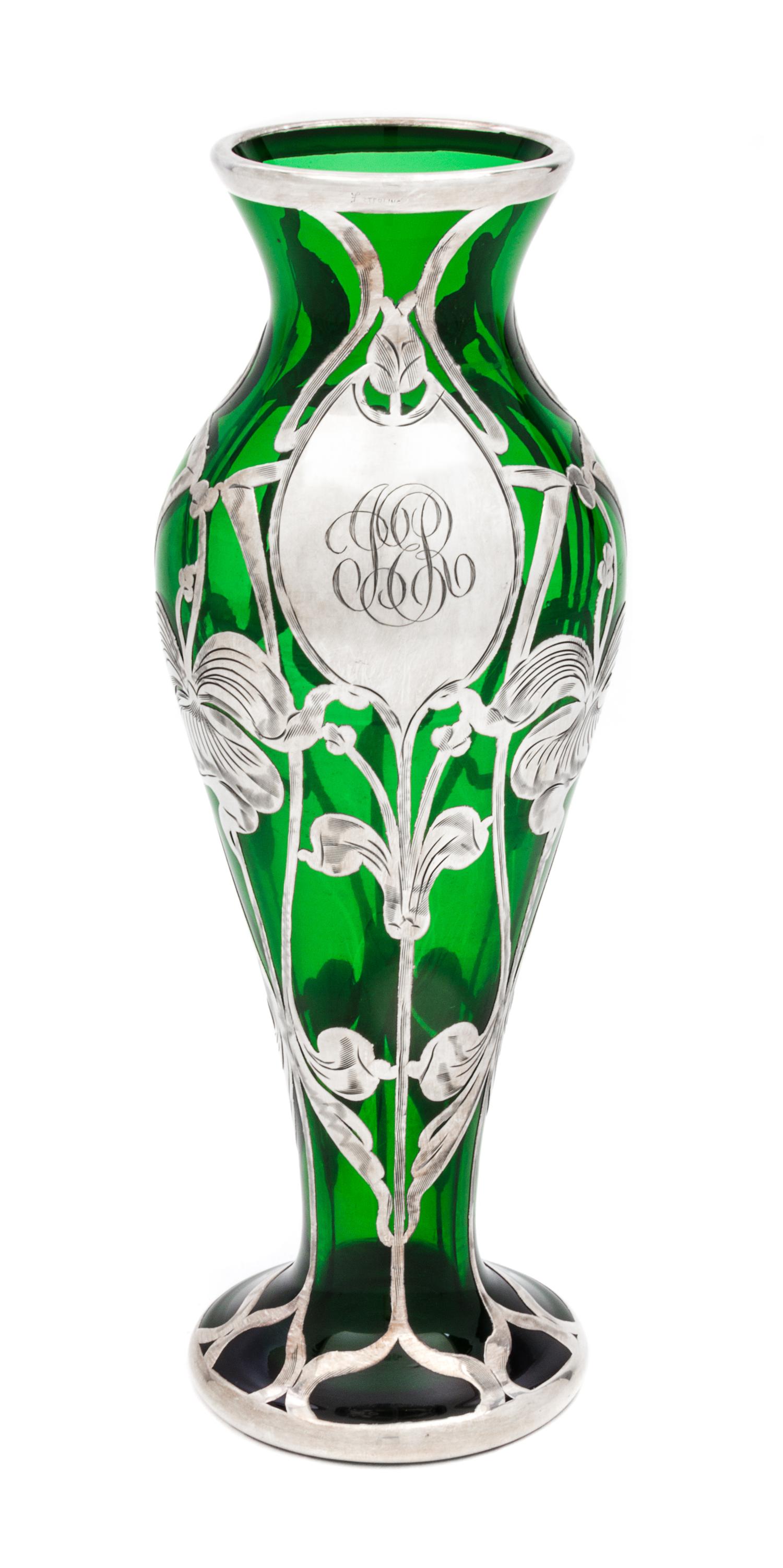 An Art Nouveau Silver Overlay Glass Vase Height 8 inches.