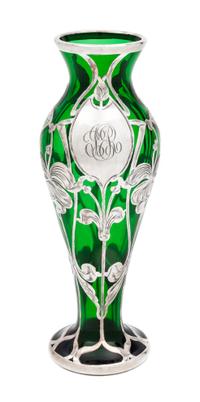 An Art Nouveau Silver Overlay Glass Vase Height 8 inches.