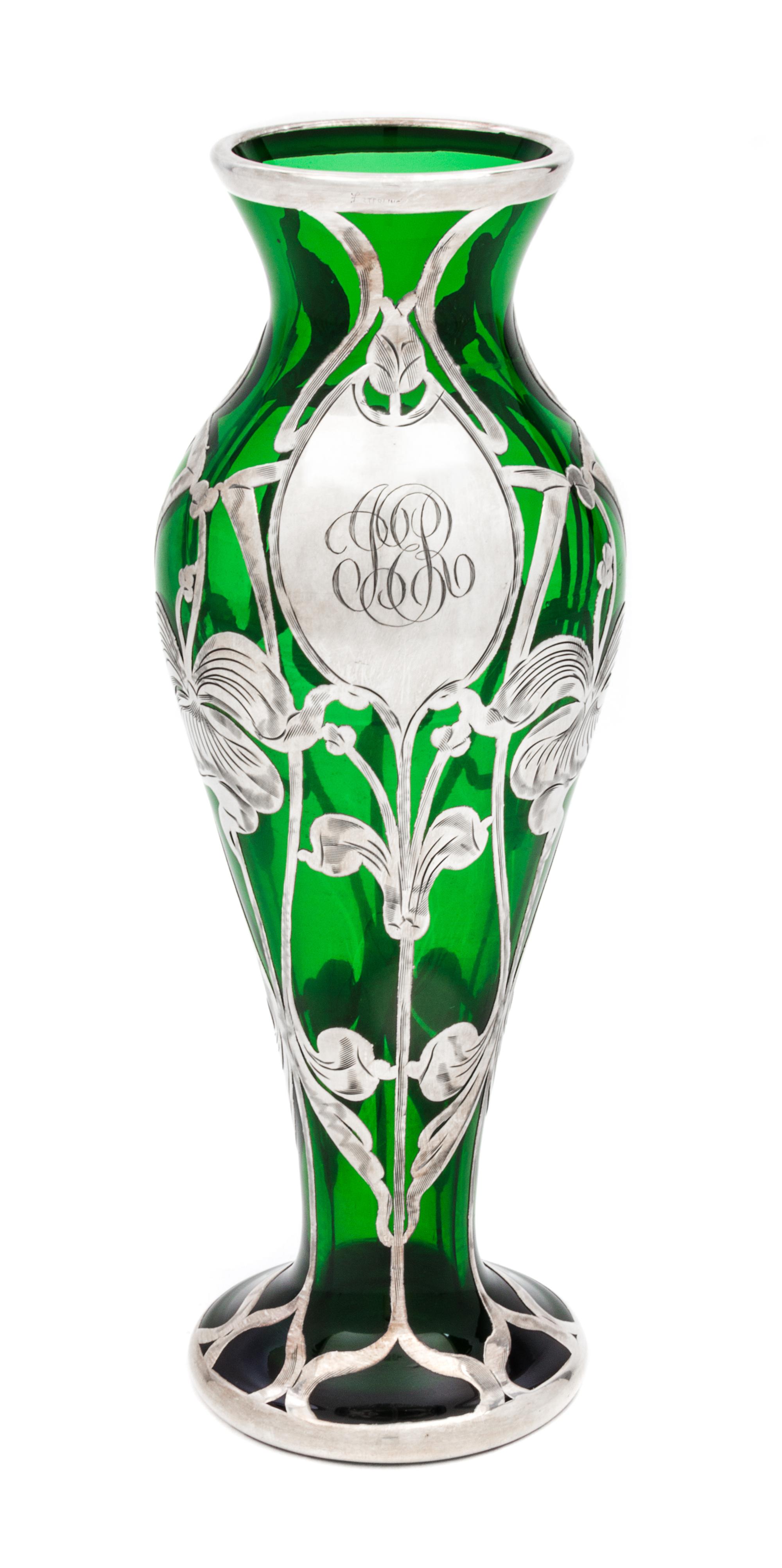An Art Nouveau Silver Overlay Glass Vase Height 8 inches.