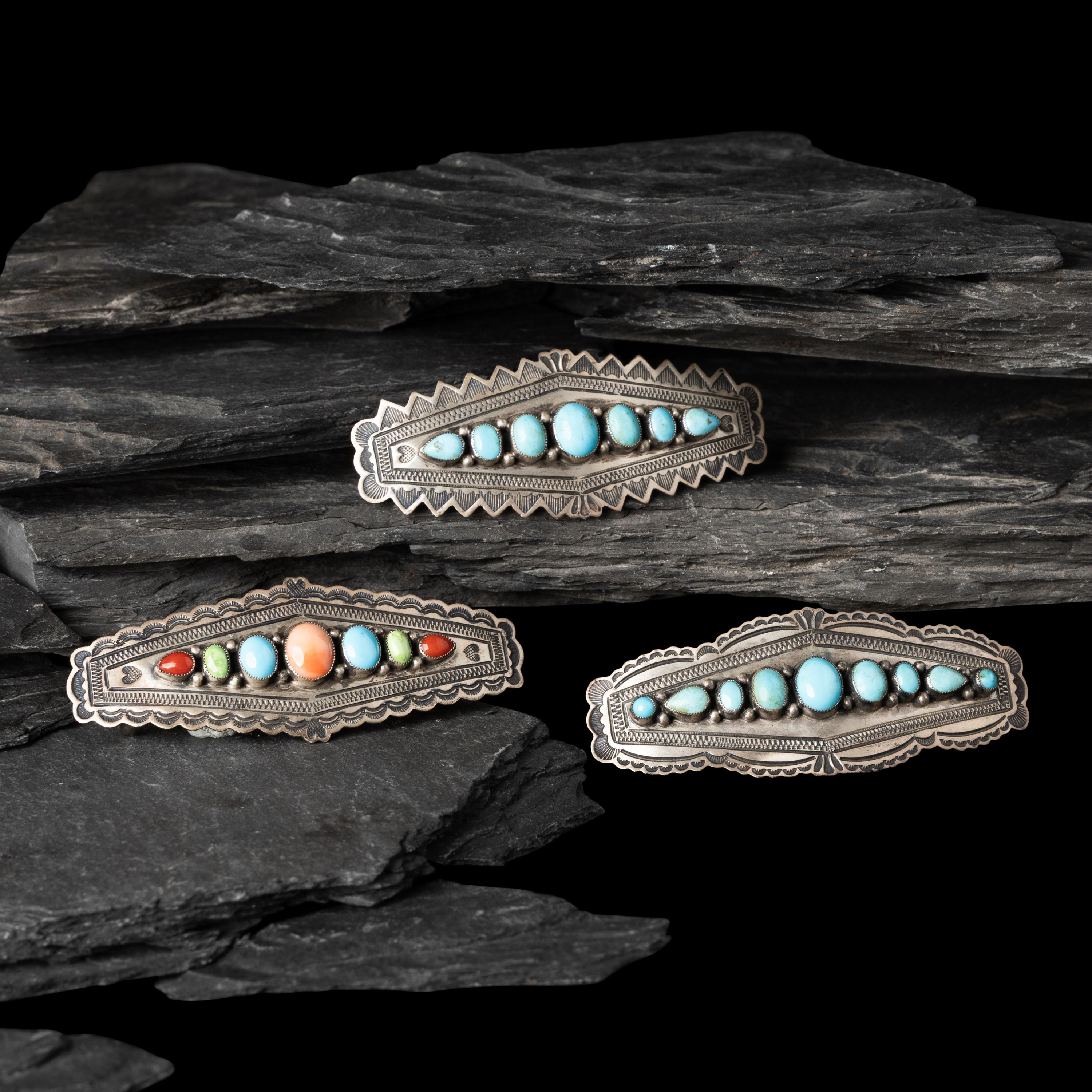 Don Lucas (American, 20th century) — Southwestern-style Sterling Silver and Cluster Inlay Hair Barrettes and Post Earrings
