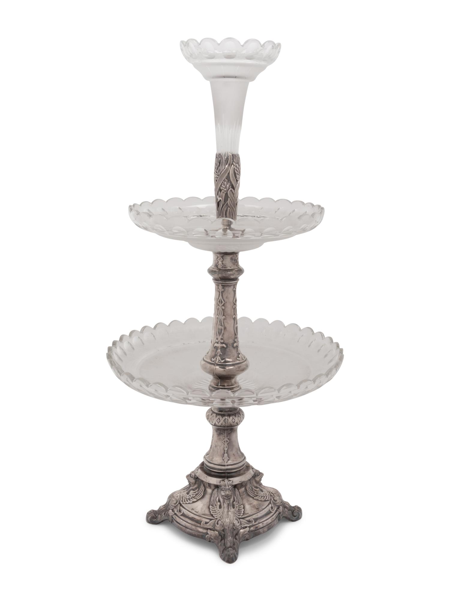 A Russian Silver-Plate and Cut Glass Two-Tier Dessert Stand