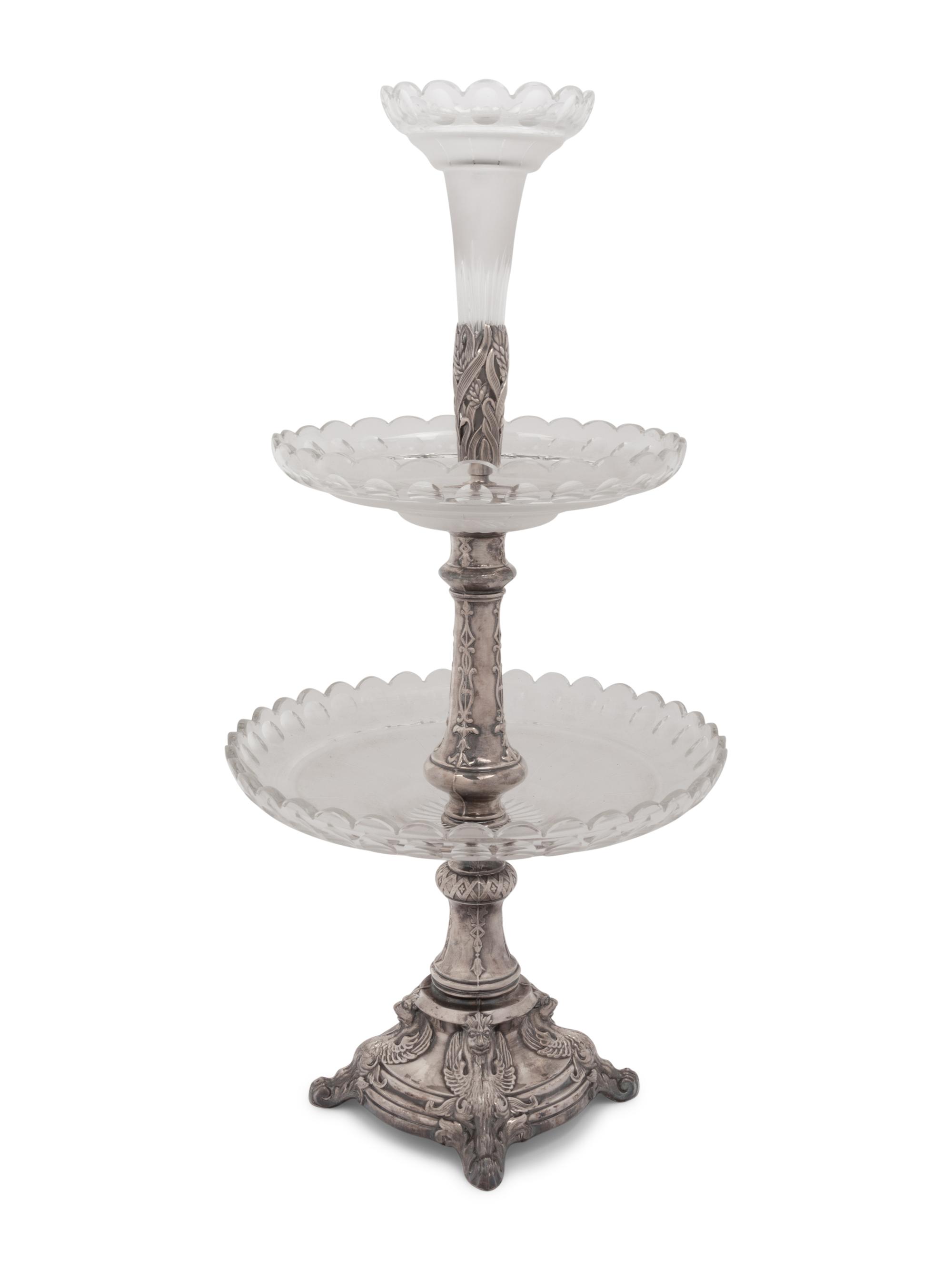 A Russian Silver-Plate and Cut Glass Two-Tier Dessert Stand