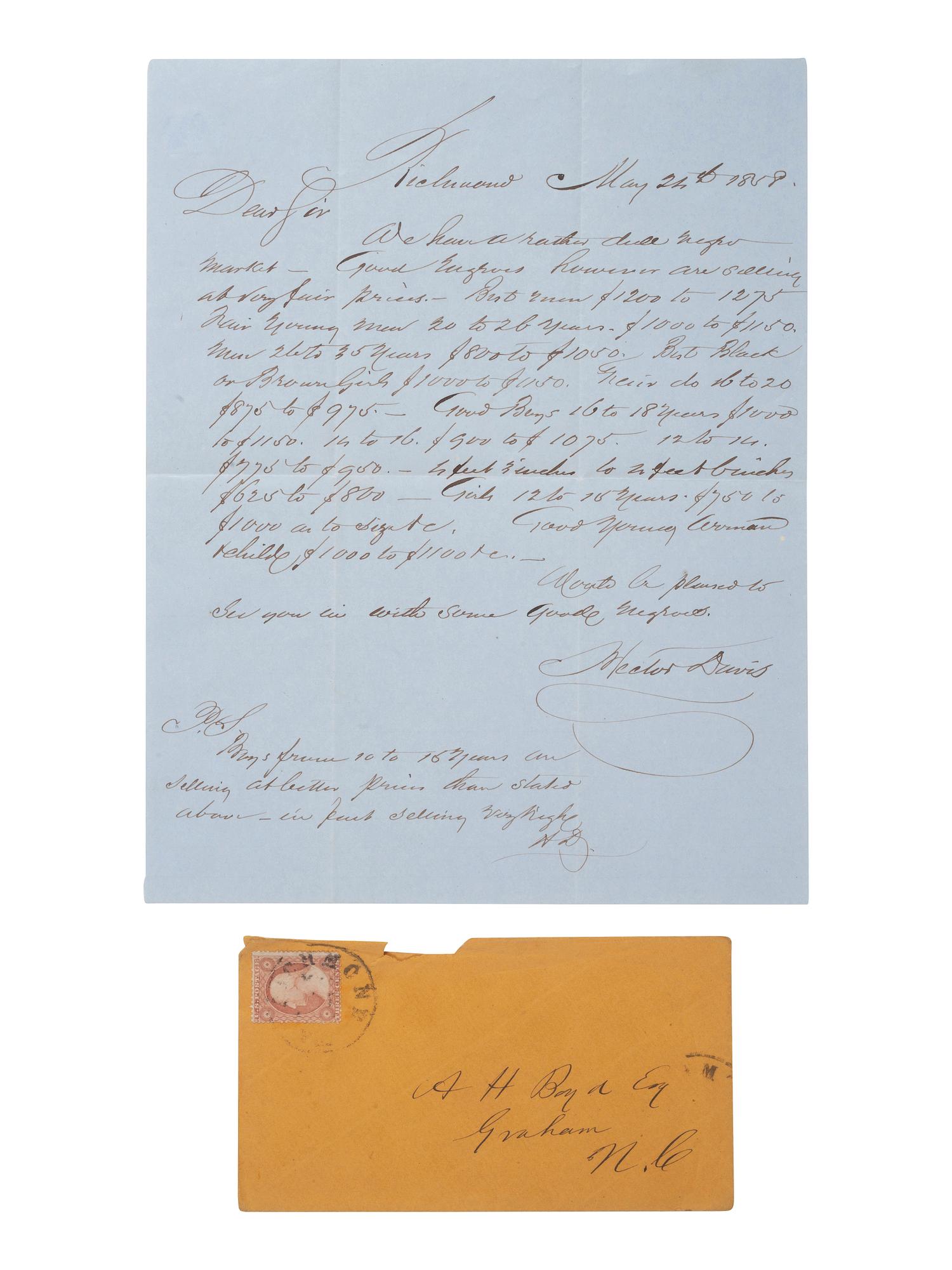 [SLAVERY & ABOLITION]. DAVIS, Hector. Autograph letter signed outlining the market for enslaved persons. Richmond, VA, 24 May 1858.