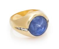 A Yellow Gold, Sri Lanka Star Sapphire and Diamond Ring, 13.90 dwts.