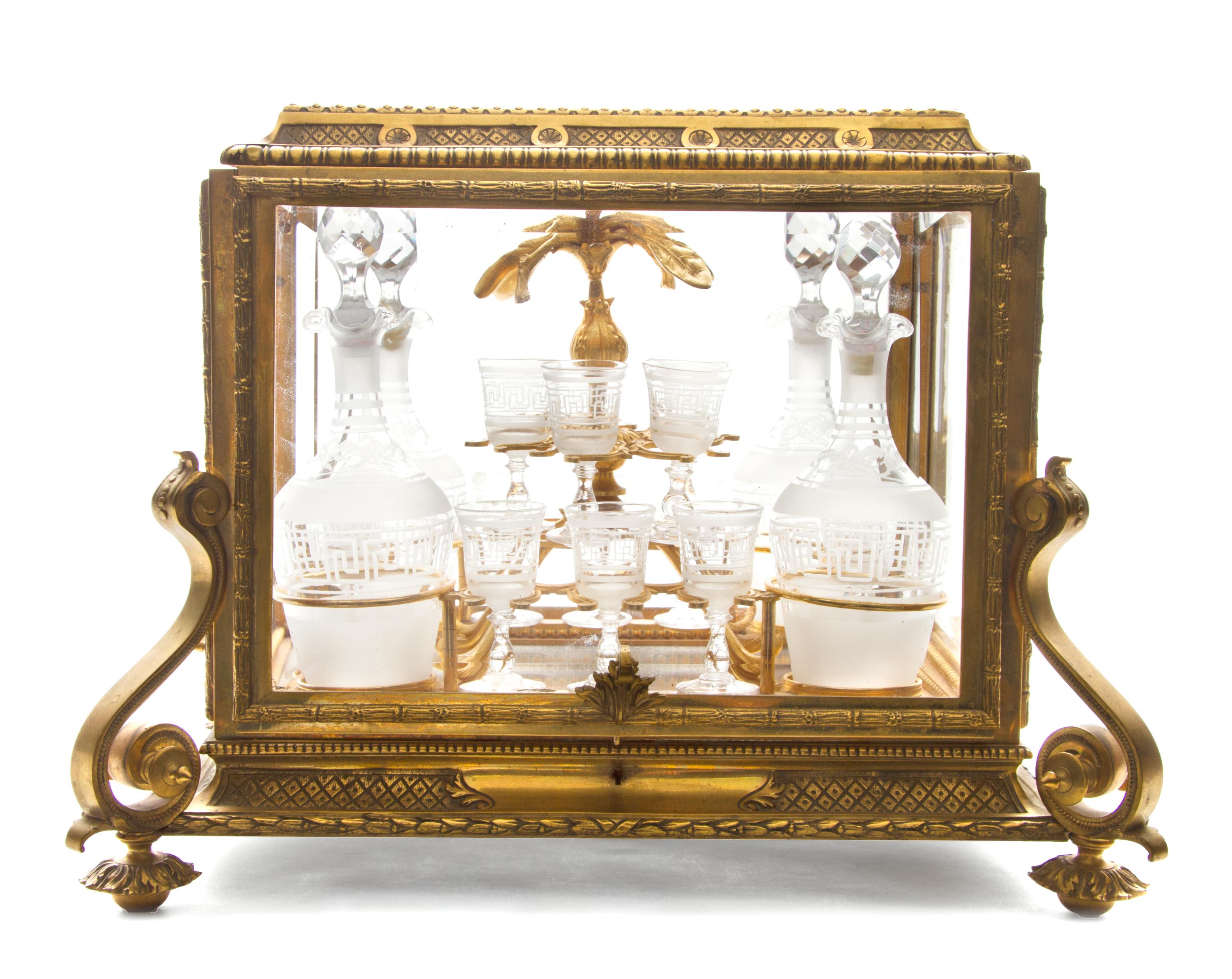 A French Gilt Bronze and Glass Cave a Liqueur Height 13 1/2 x width 17 x depth 14 1/2 inches. — LATE 19TH/EARLY 20TH CENTURY