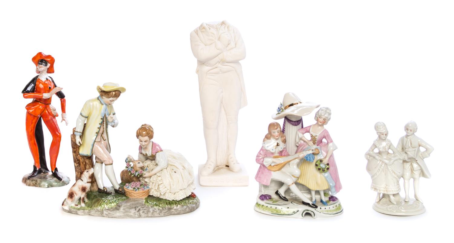 Five Porcelain Figures Height of tallest 9 1/2 inches.