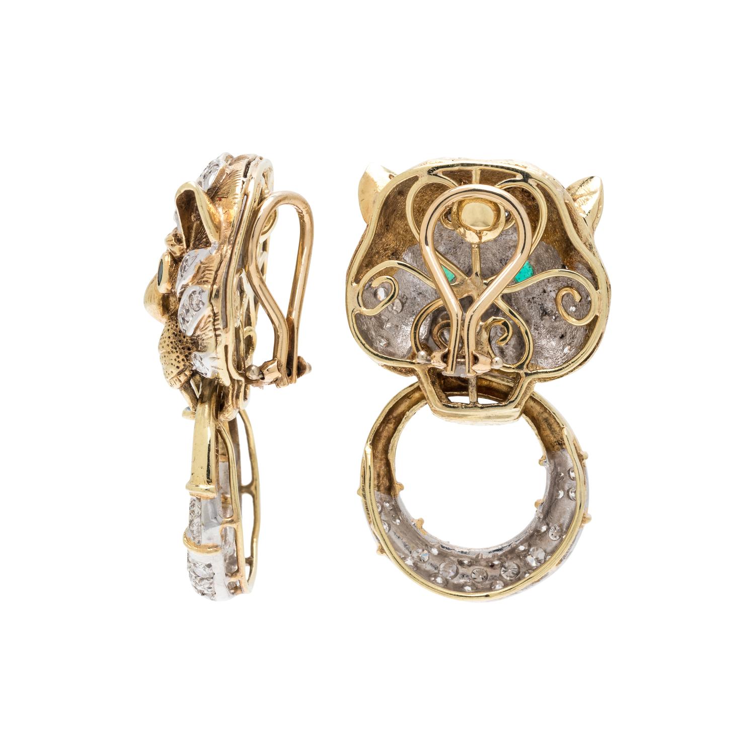 BICOLOR GOLD, DIAMOND AND EMERALD TIGER EARCLIPS