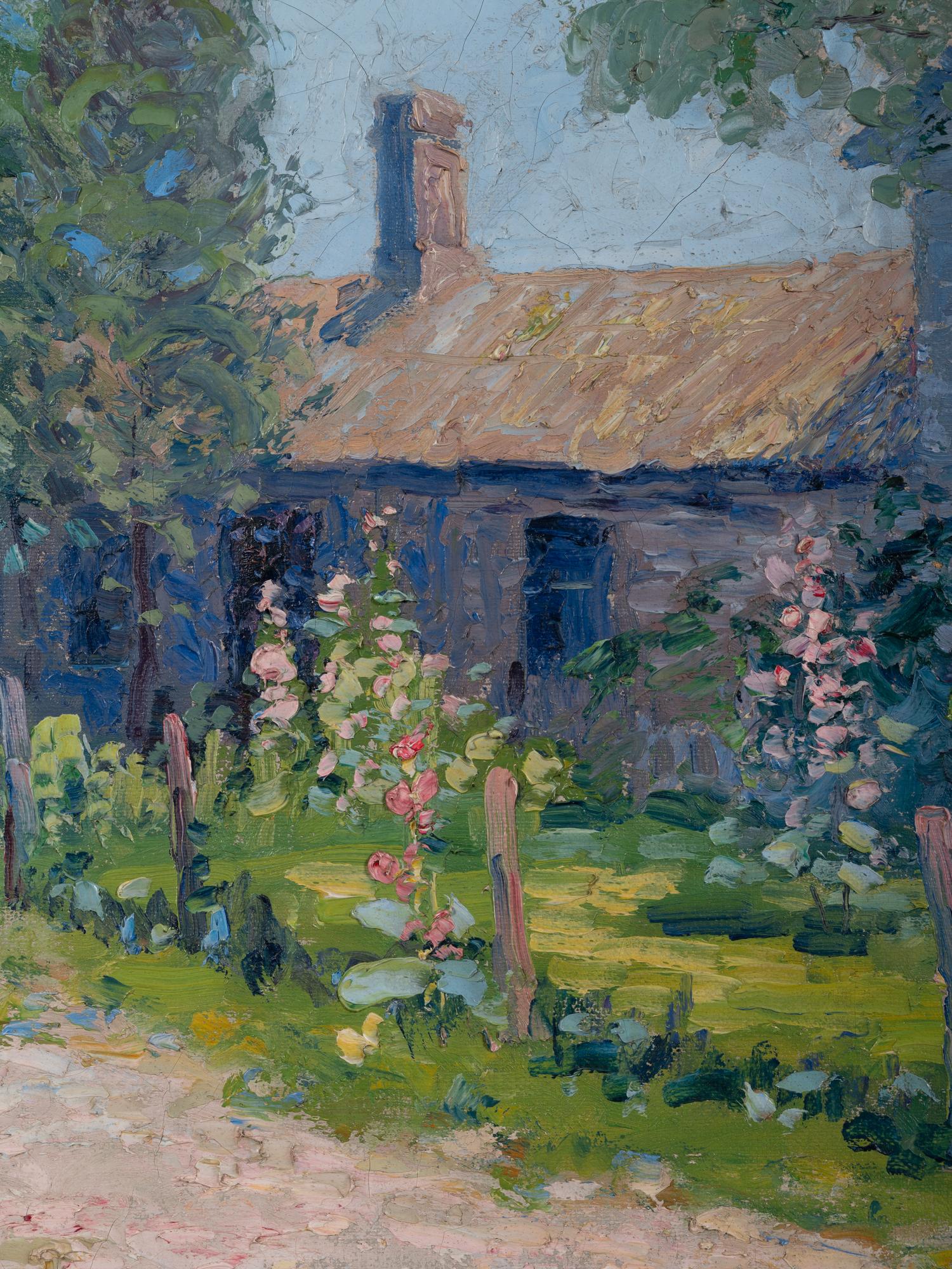 Cottage with Hollyhocks