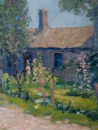 Cottage with Hollyhocks