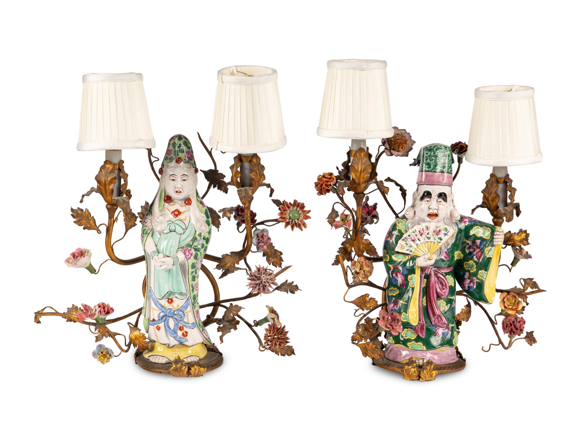 A Pair of Samson Porcelain Figures Mounted as Lamps