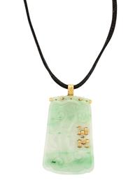 YELLOW GOLD, CARVED JADE, AND TOURMALINE PENDANT