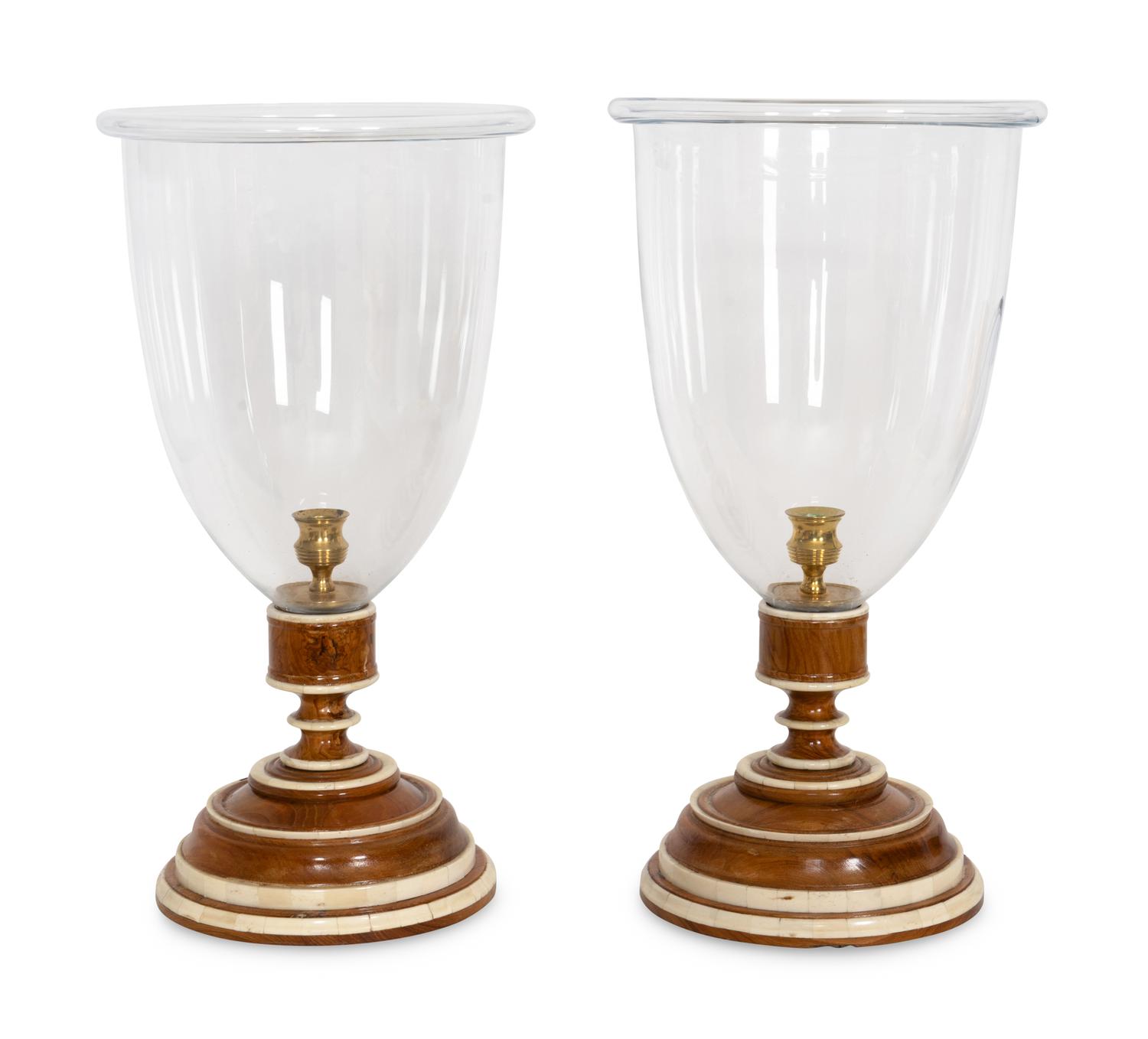 A Pair of Large Bone-Mounted Fruitwood Hurricane Candlesticks
