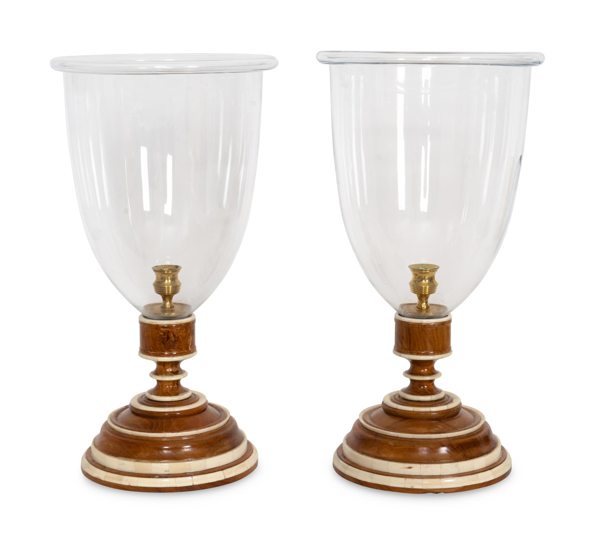 A Pair of Large Bone-Mounted Fruitwood Hurricane Candlesticks