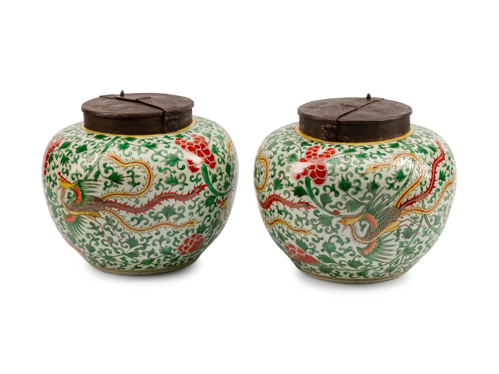 A Pair of Chinese Iron-Mounted Porcelain Jars