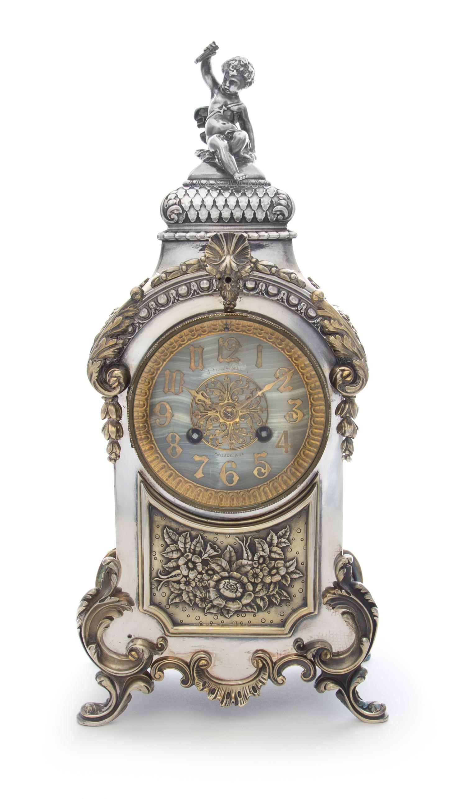 An American Silver-Plate Mantel Clock — DERBY SILVER FOR J.E. CALDWELL & CO., 19TH CENTURY