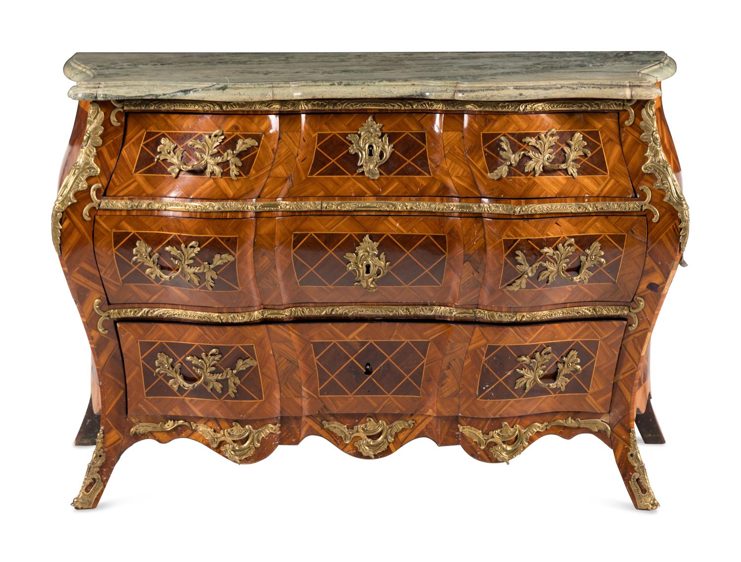 A Swedish Rococo Gilt Bronze Mounted Parquetry Marble-Top Commode