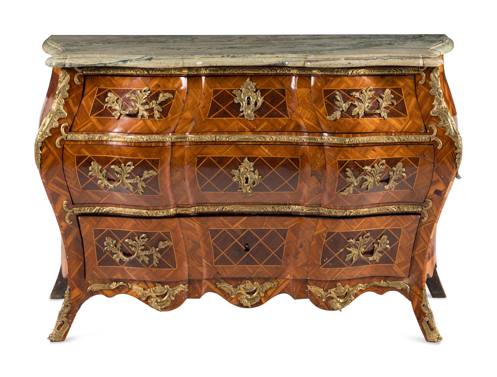 A Swedish Rococo Gilt Bronze Mounted Parquetry Marble-Top Commode