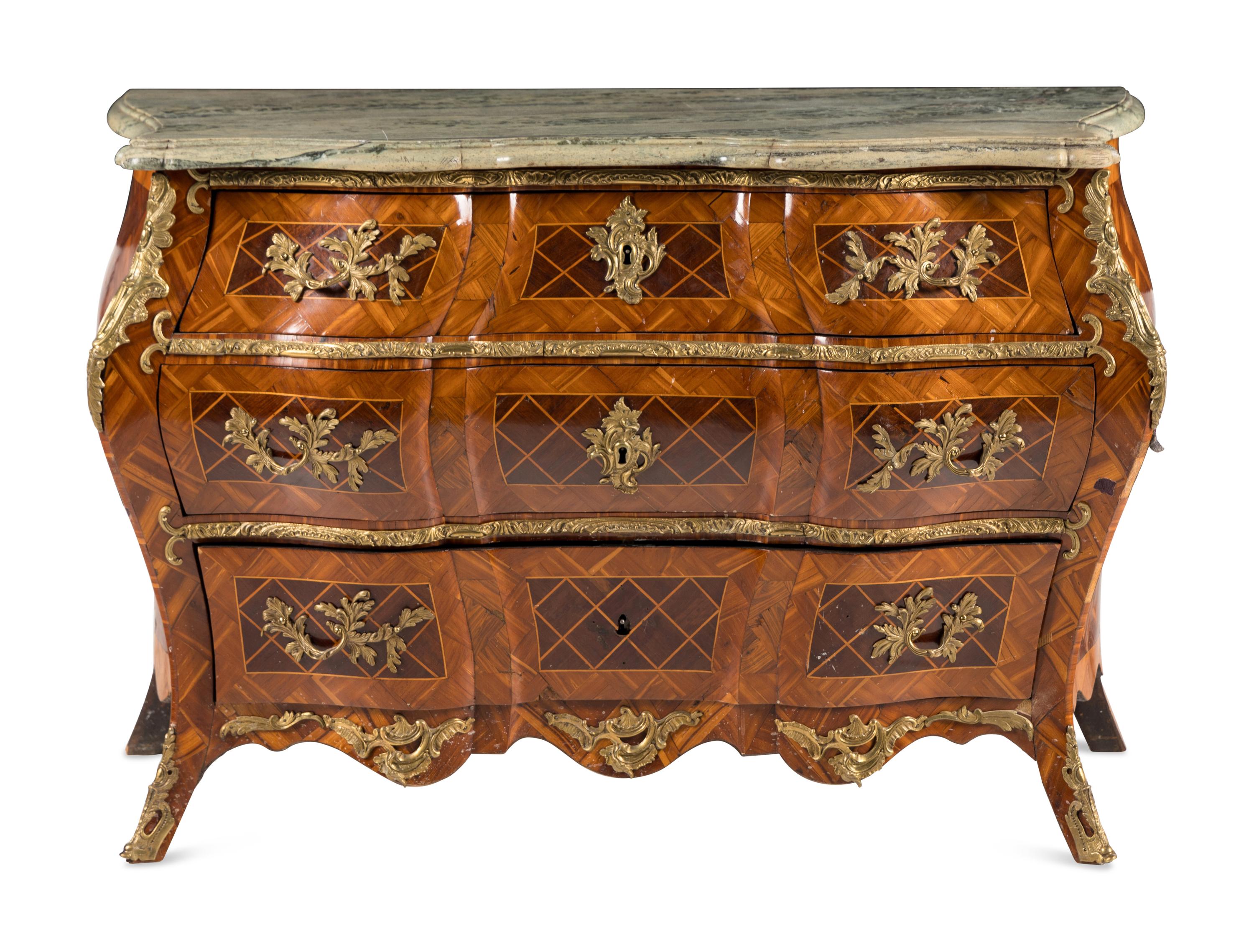 A Swedish Rococo Gilt Bronze Mounted Parquetry Marble-Top Commode