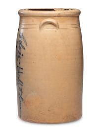 A Colvin, Hall, and Cowan Six-Gallon 'At Station' Script Decorated Stoneware Crock