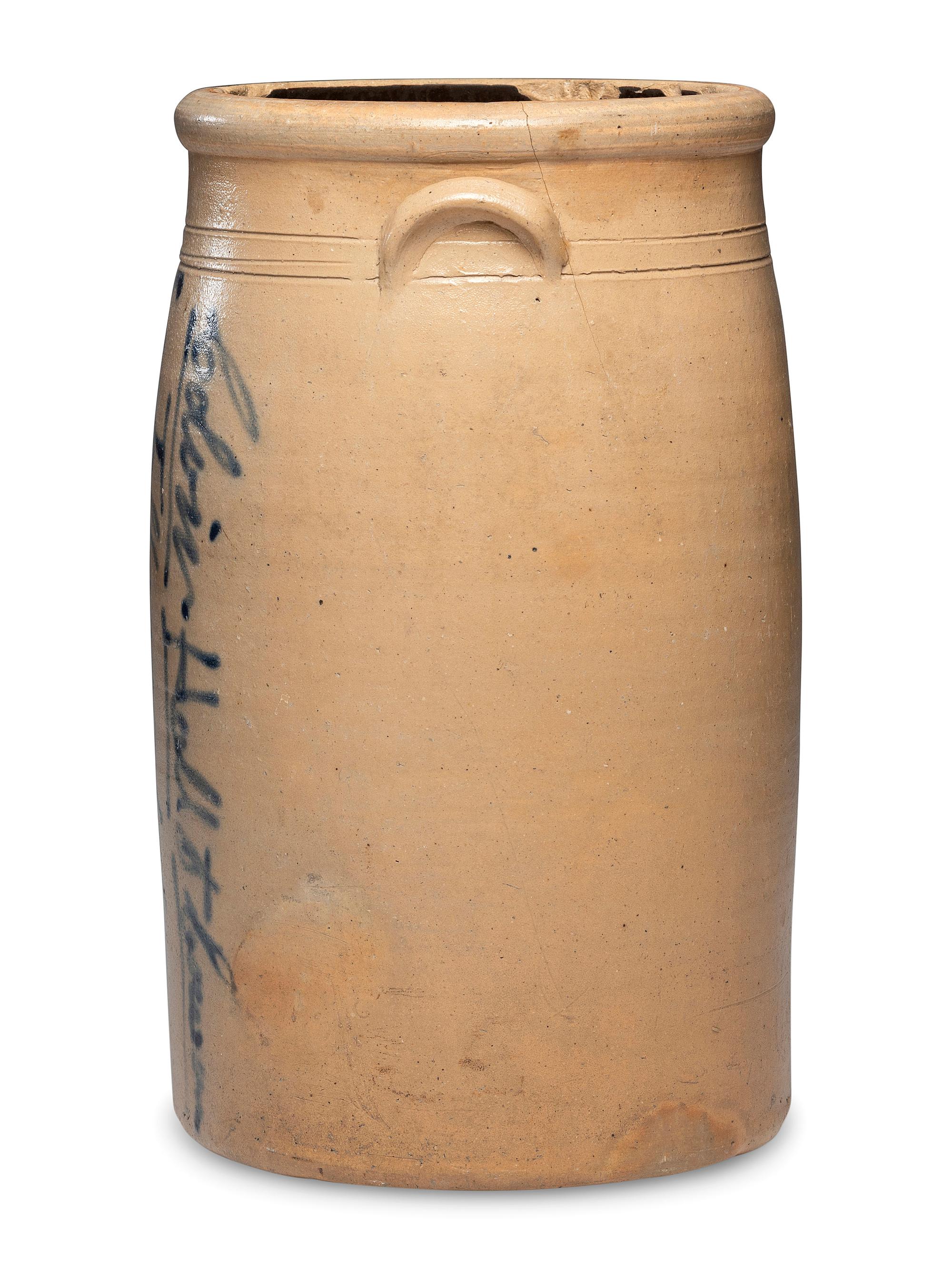 A Colvin, Hall, and Cowan Six-Gallon 'At Station' Script Decorated Stoneware Crock