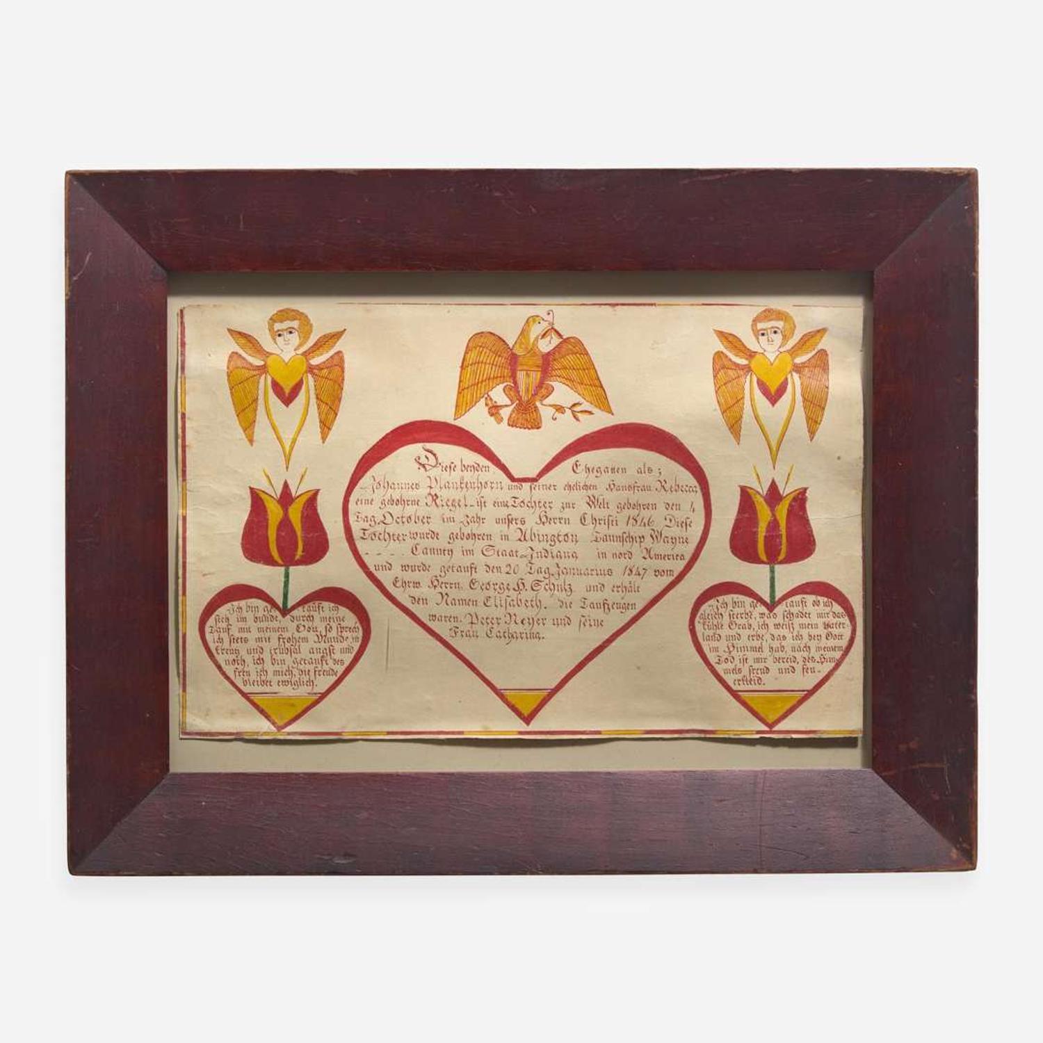 A Fraktur birth and baptism record for Elizabeth Plankenhorn (1846-1932) Wayne County, Indiana, dated "1847"