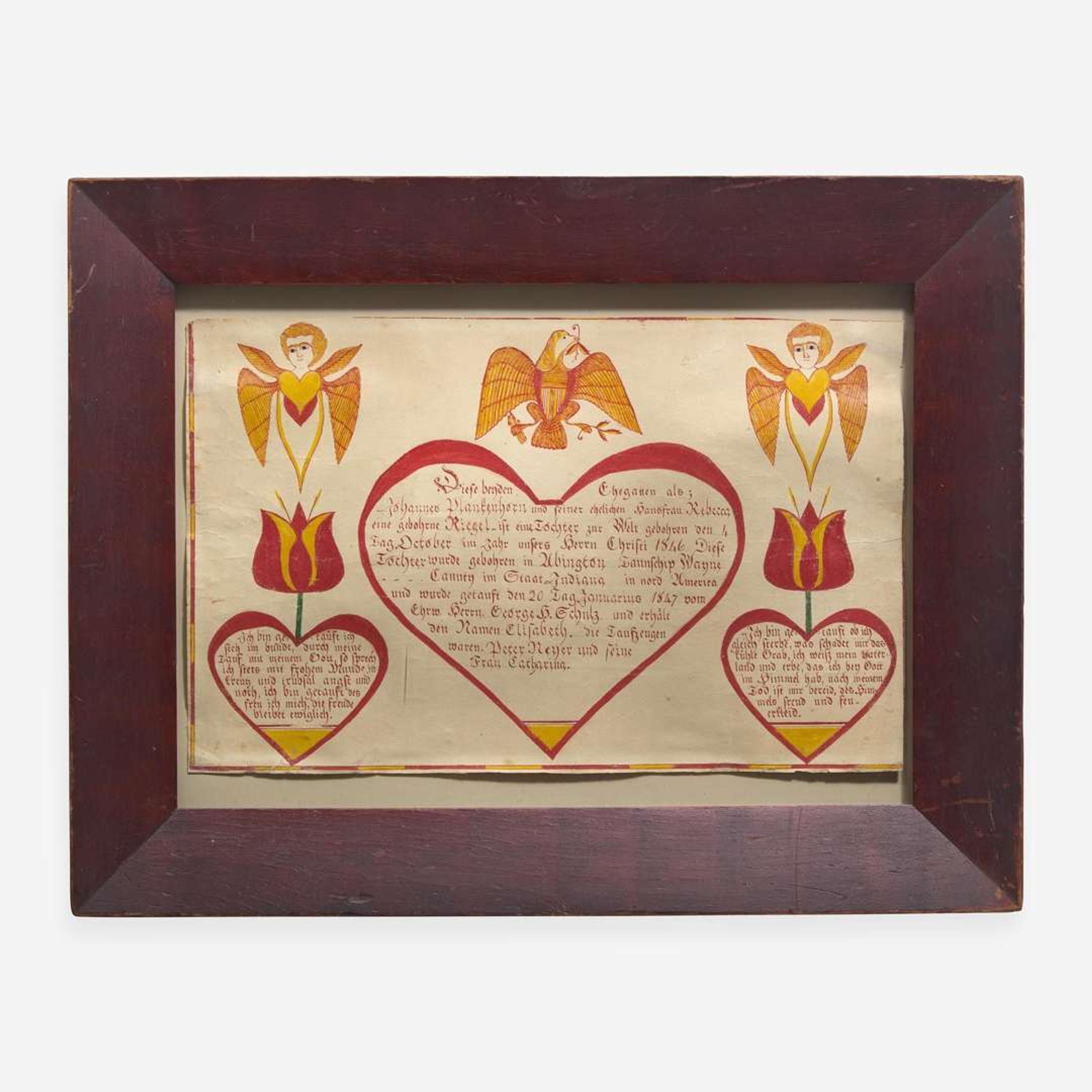 A Fraktur birth and baptism record for Elizabeth Plankenhorn (1846-1932) Wayne County, Indiana, dated "1847"