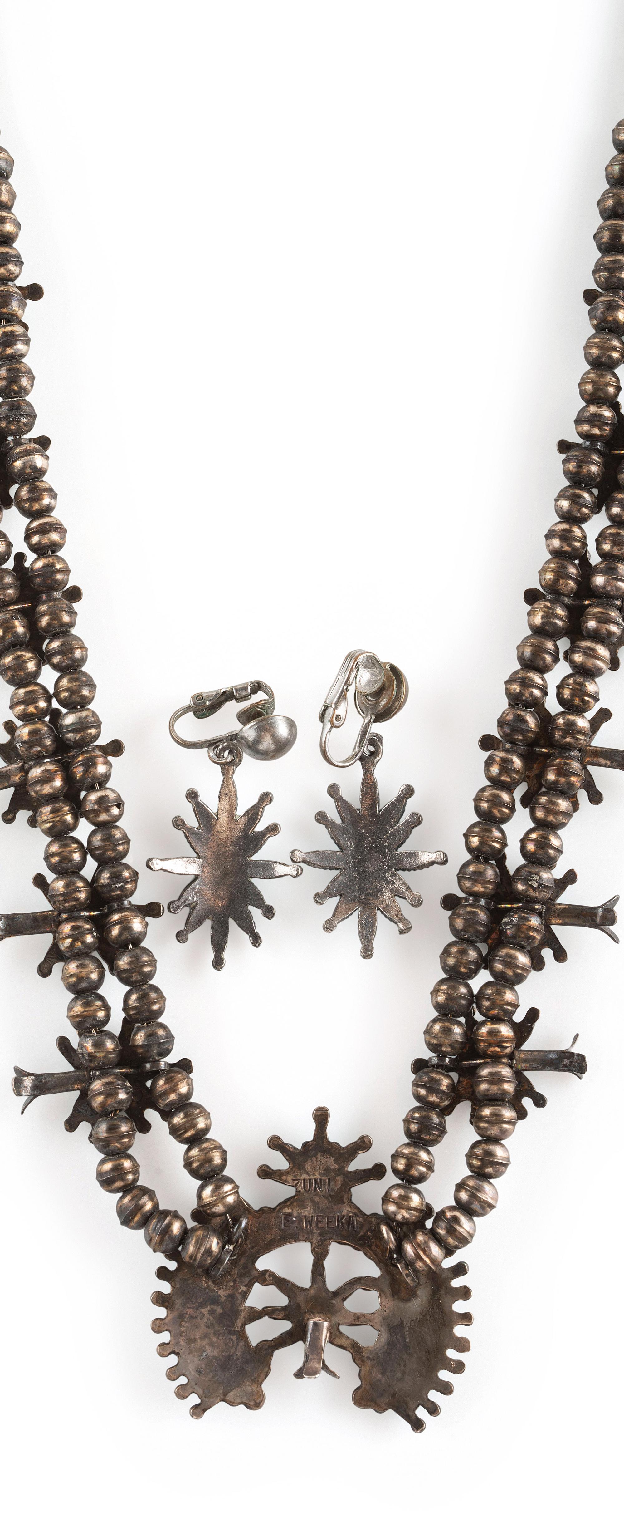 Petite Silver and Needle Point Squash Blossom Necklace and Clip Earrings